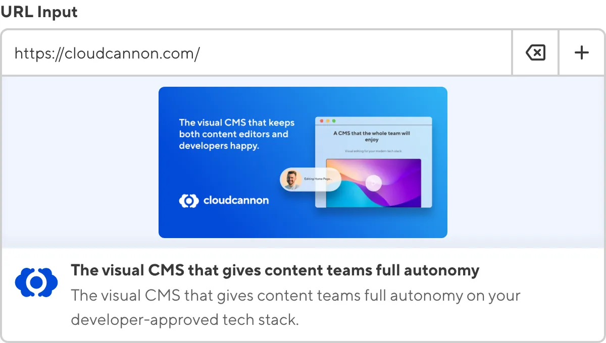A screenshot of the URL Input in the Data Editor shows an external URL value with a preview of the URL image, title, and subtitle.