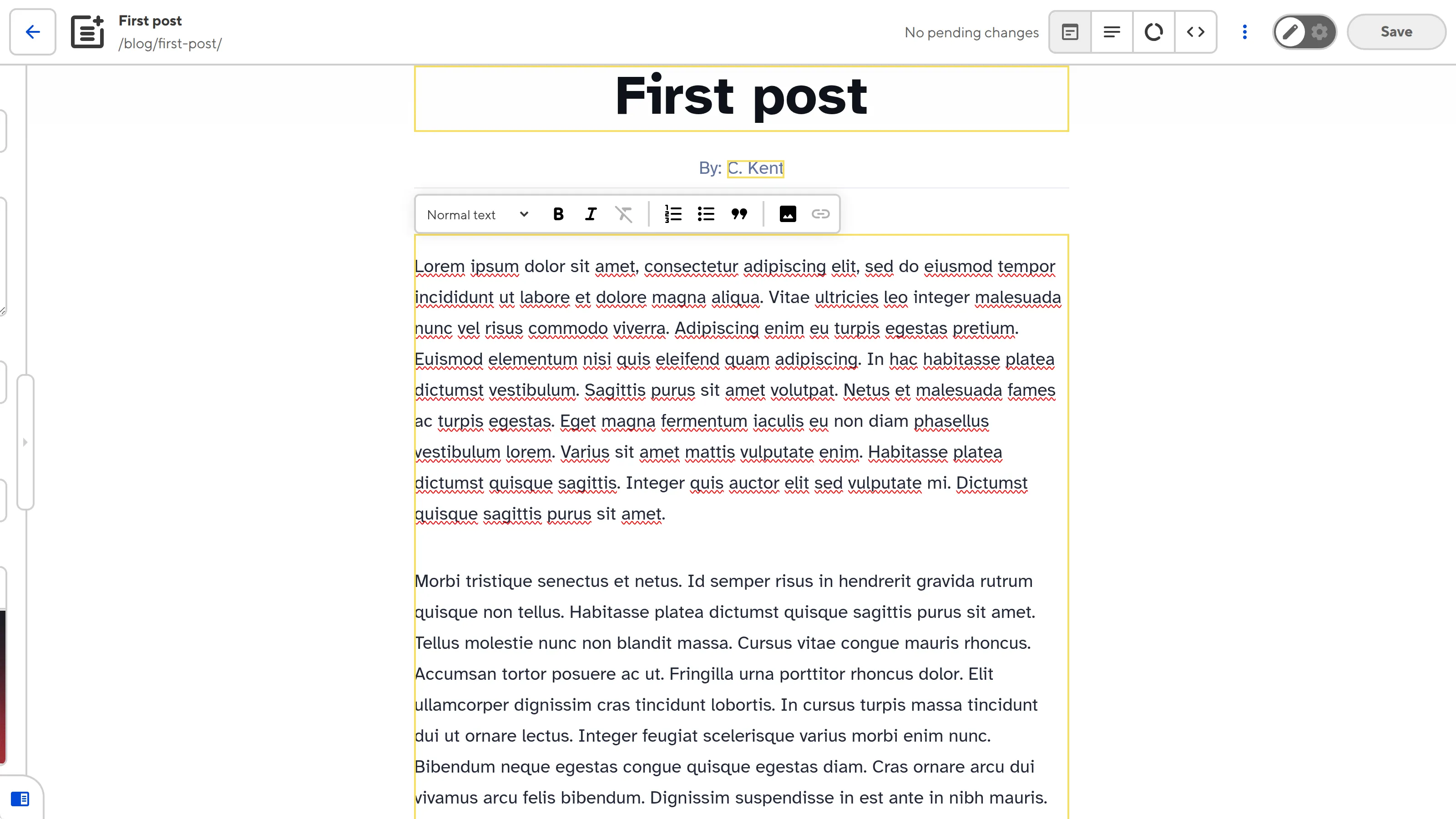 A screenshot of the Visual Editor shows a yellow Editable Regions box around the blog content and a WYSIWYG toolbar.