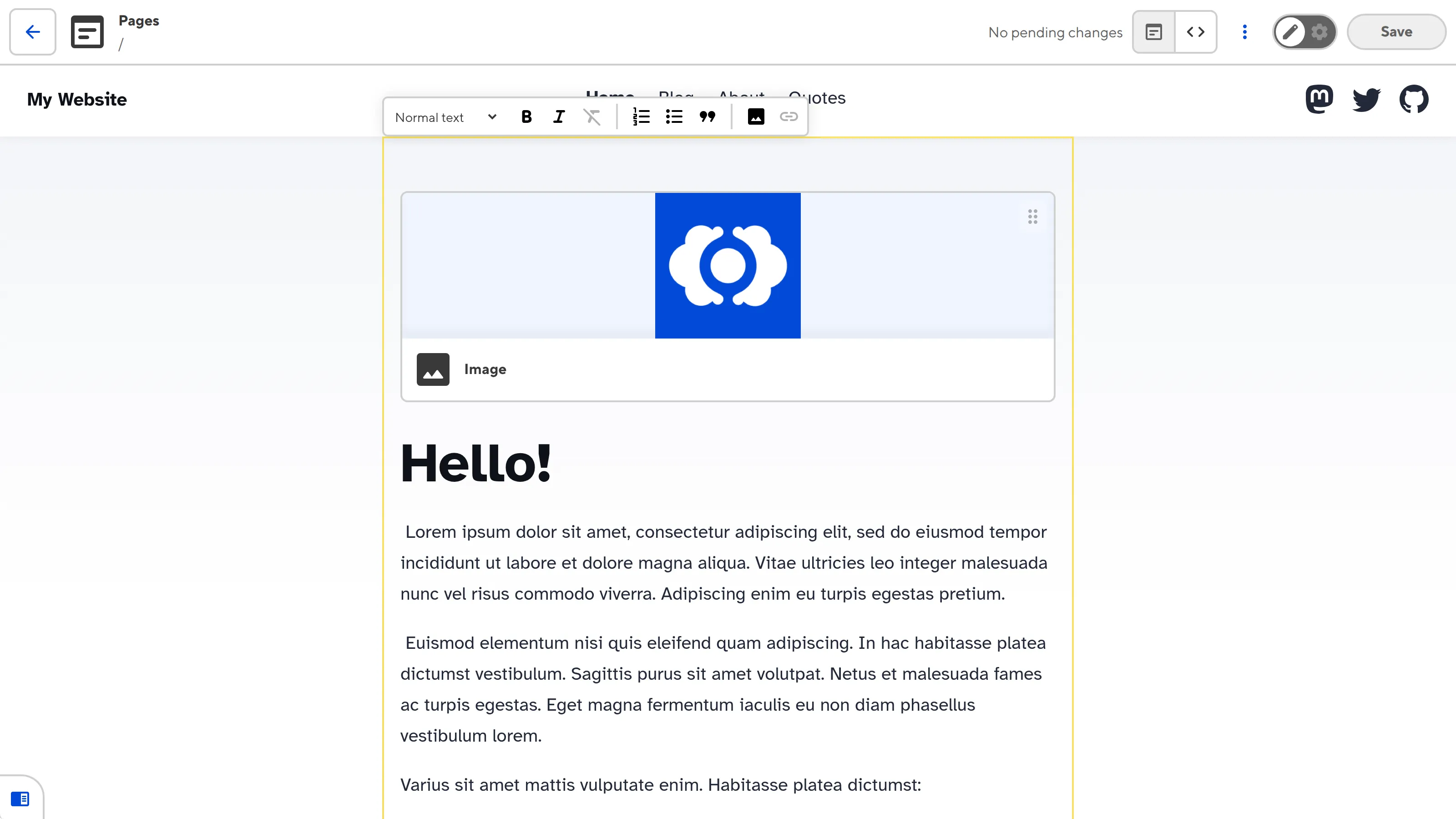 Source Editable Region in the Visual Editor A screenshot of the Visual Editor shows yellow Editable Region boxes around the rich text content on the Home webpage.