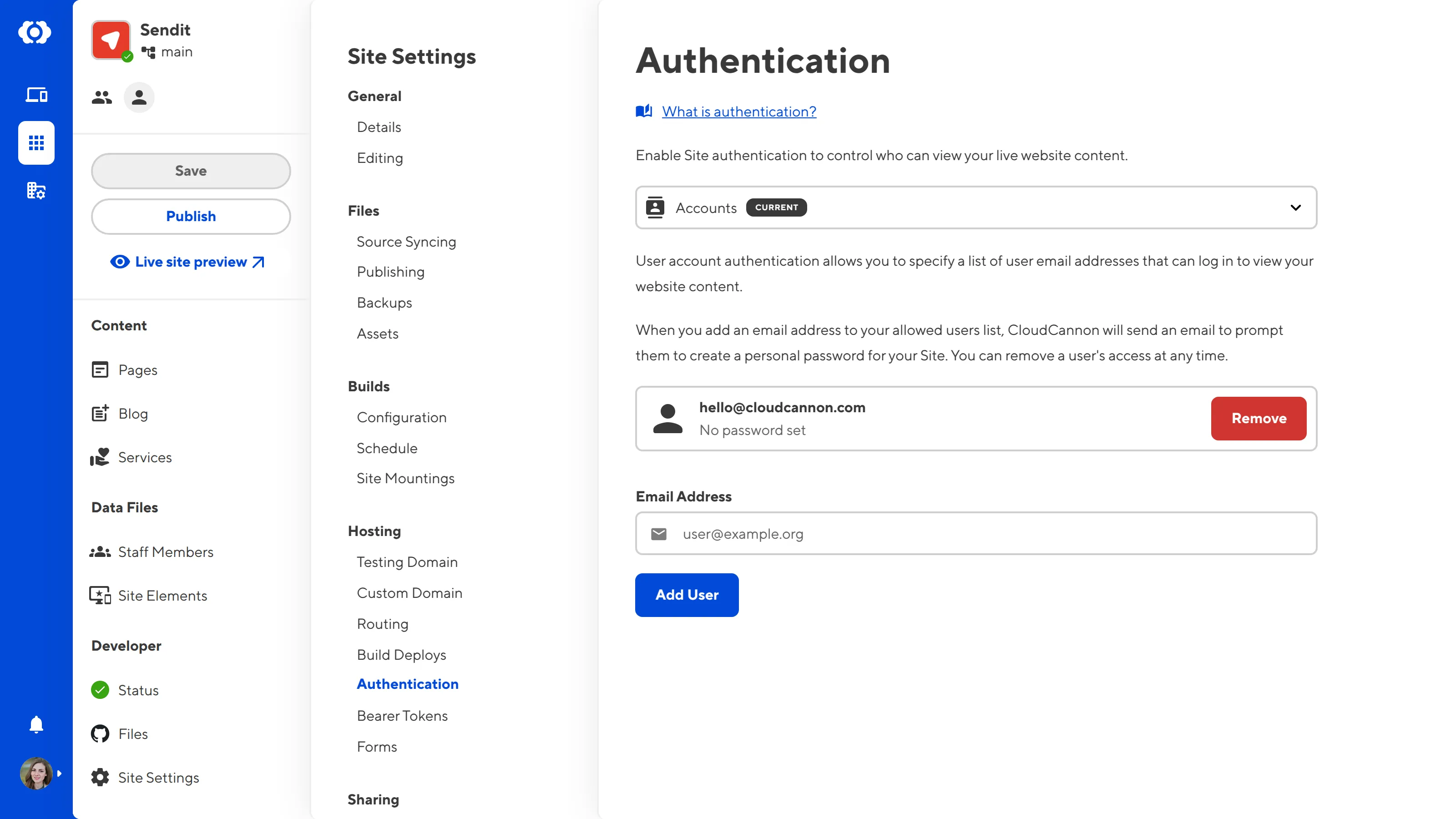 A screenshot of the Authentication page shows a card for each user you have invited to your Site.