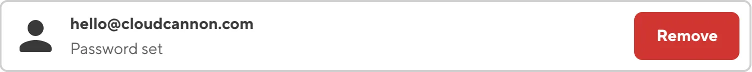 A screenshot of the Authenticated User Card on the Authentication page shows that hello@cloudcannon is invited and has set a password.