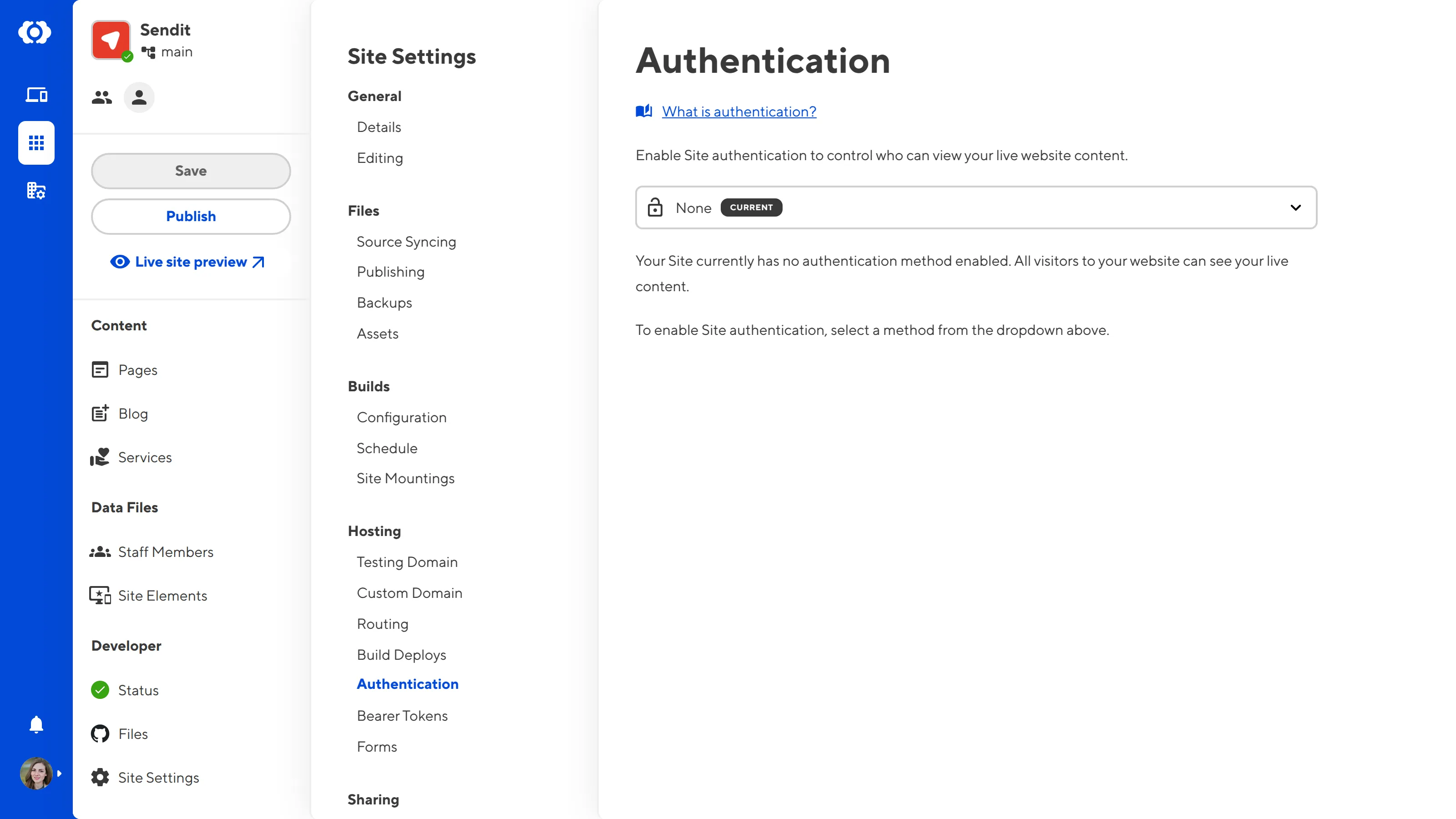 A screenshot of the Authentication page under Site Settings shows that no authentication method has been selected for this site.