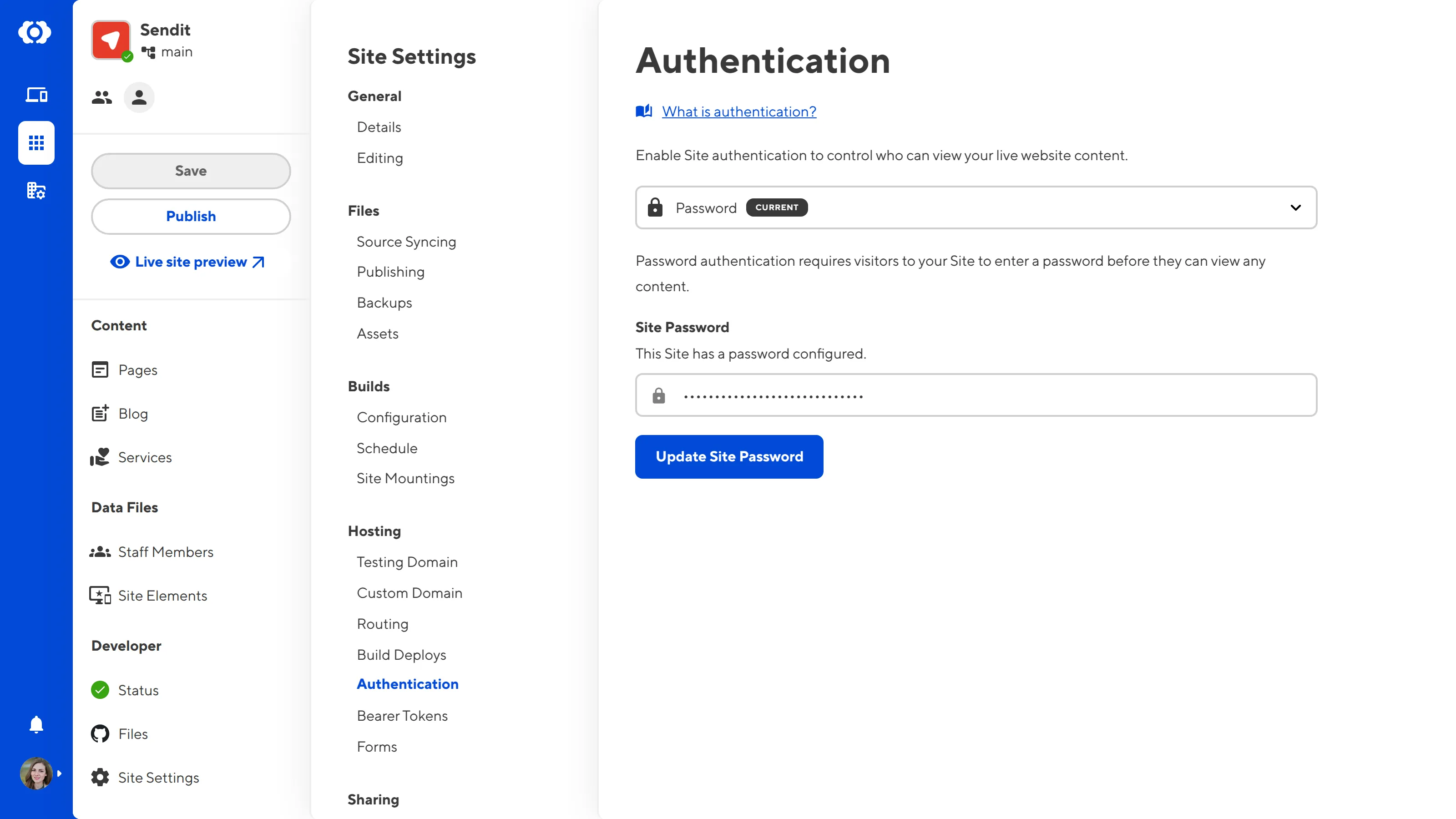 A screenshot of the Authentication page shows a this Site has a password set.