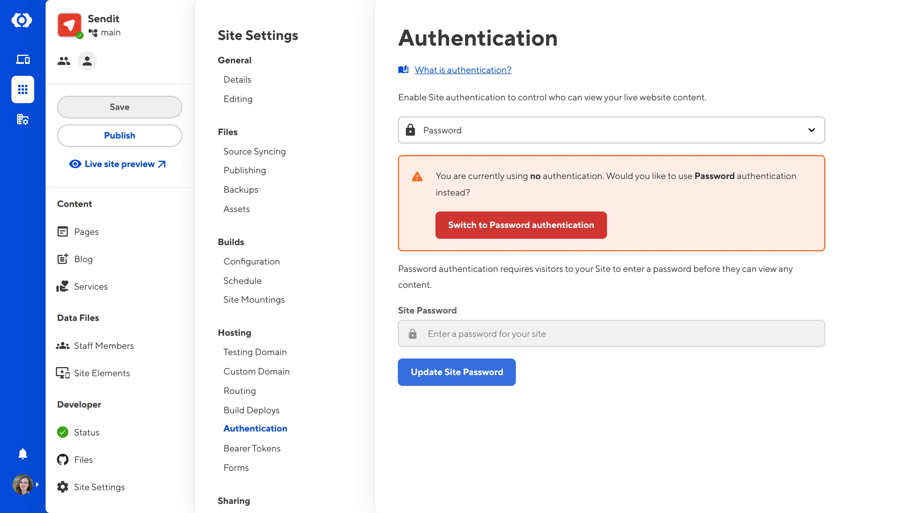 A screenshot of the Authentication page shows the Switch to Password authentication button.