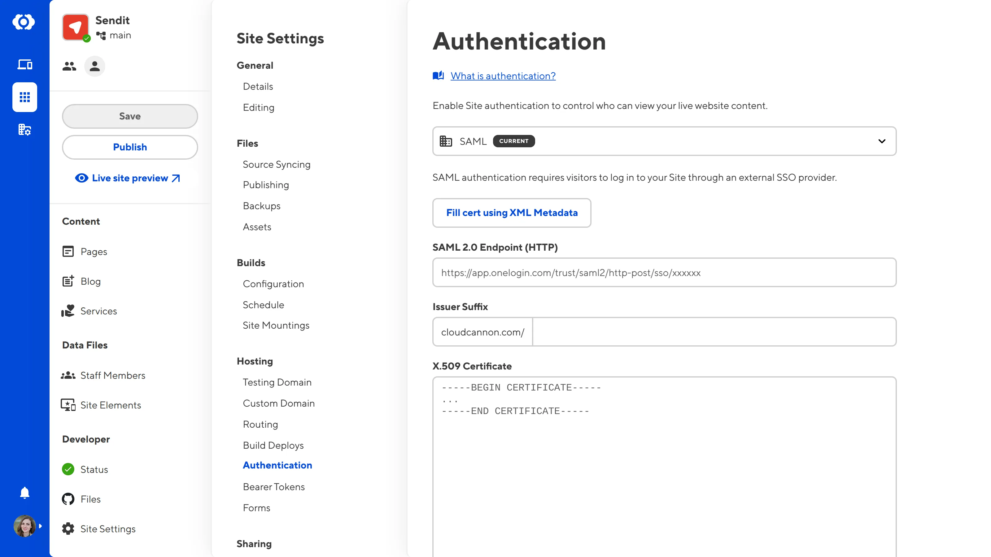 A screenshot of the Authentication page shows fields for SAML 2.0 Endpoint (HTTP), Issuer Suffix , and X.509 Certificate.