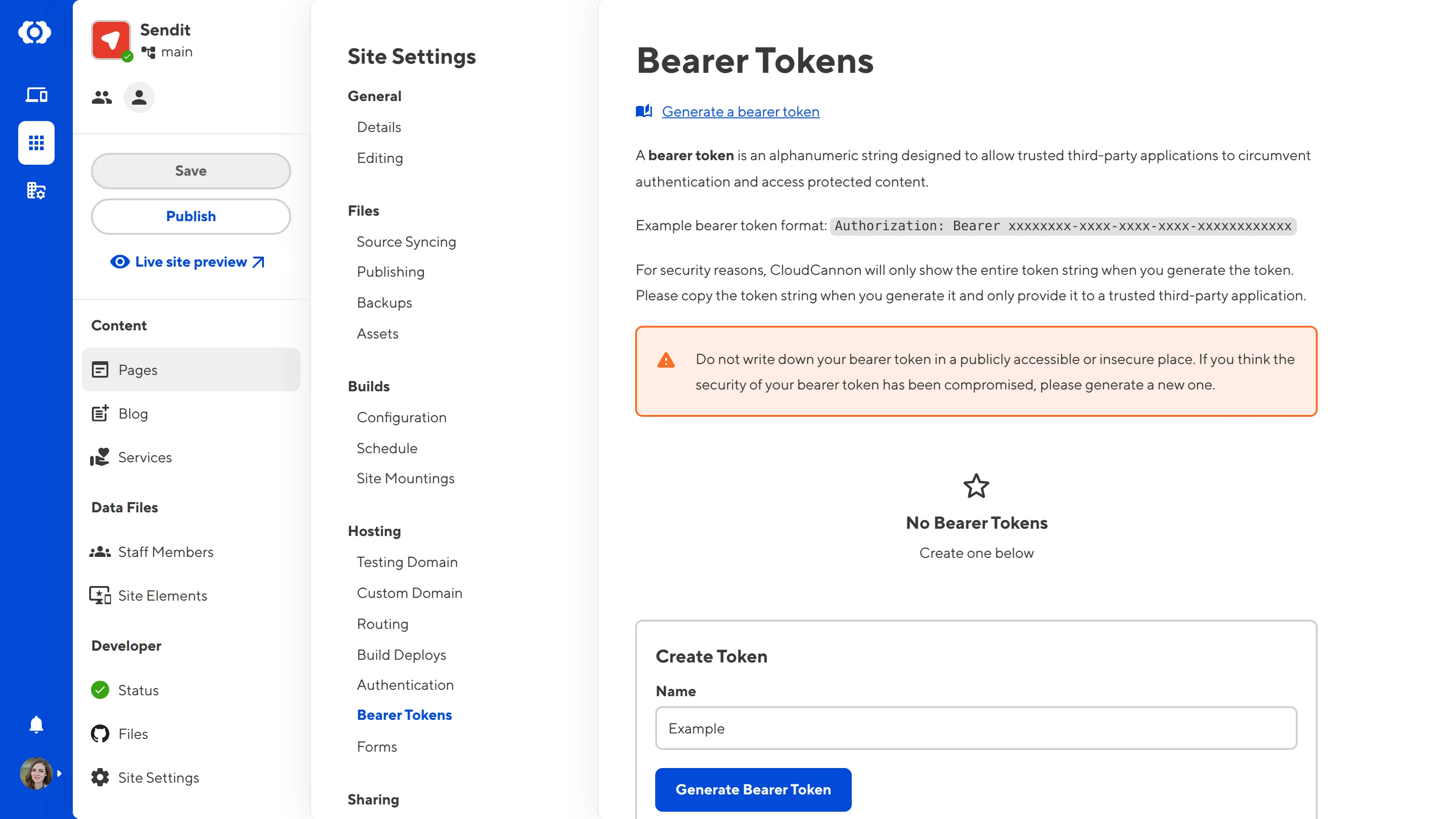 A screenshot of the Bearer Token page under Site Settings shows the Name text field and the Generate Bearer Token button.