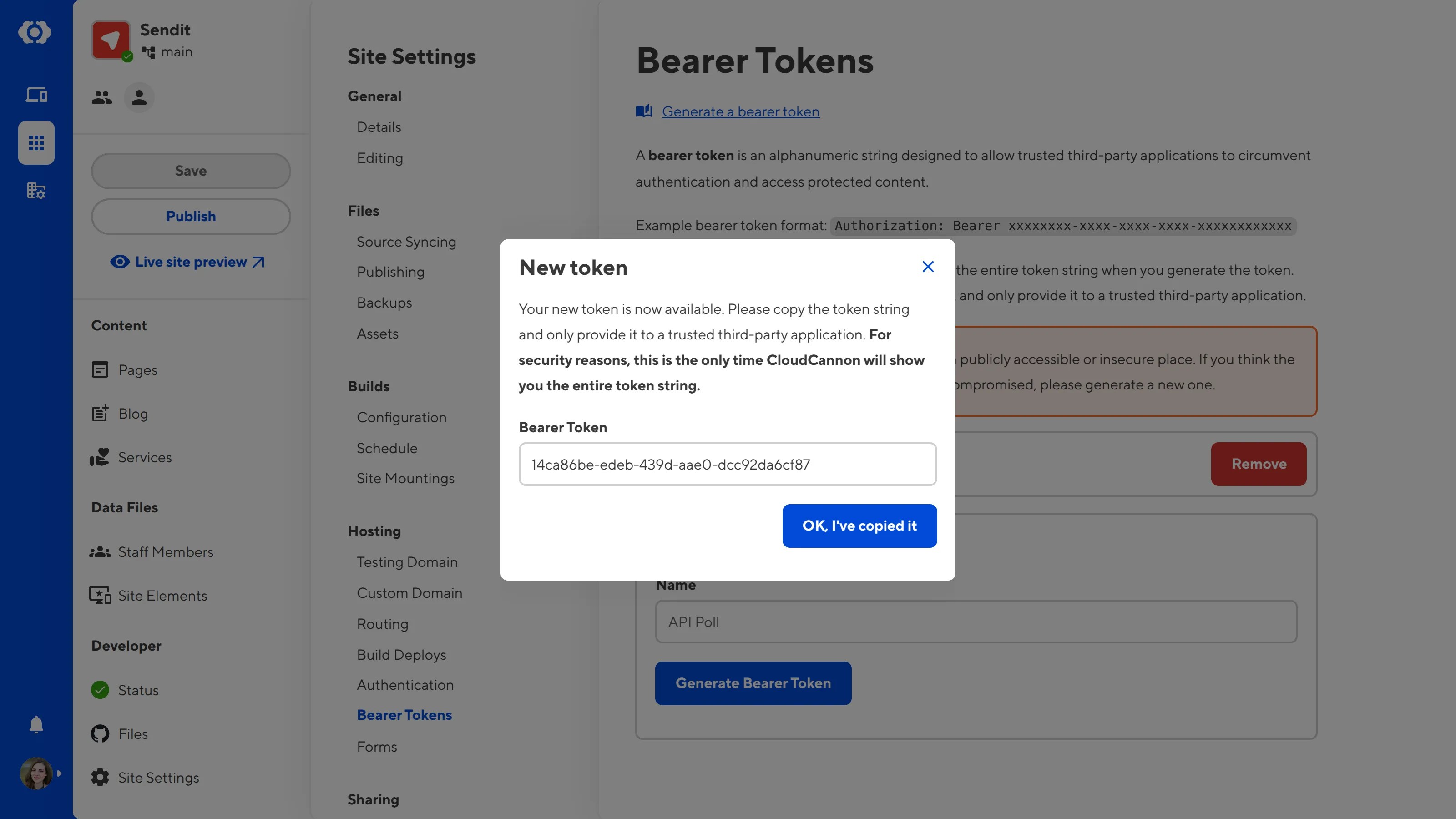 A screenshot of the Bearer Token page under Site Settings shows the New Token modal with a bearer token in the text field.