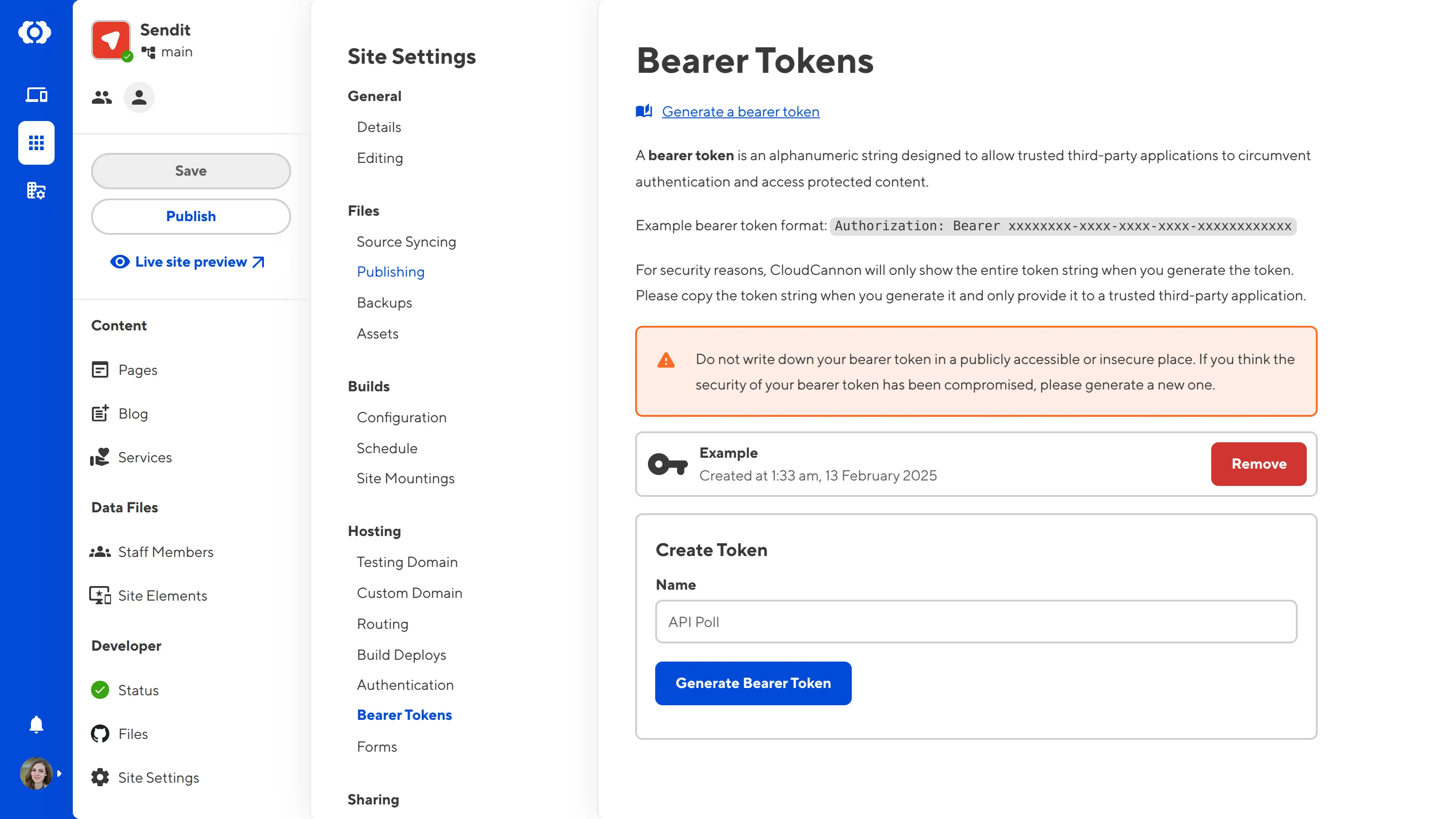 A screenshot of the Bearer Token page under Site Settings shows one bearer token has been generated for this Site.