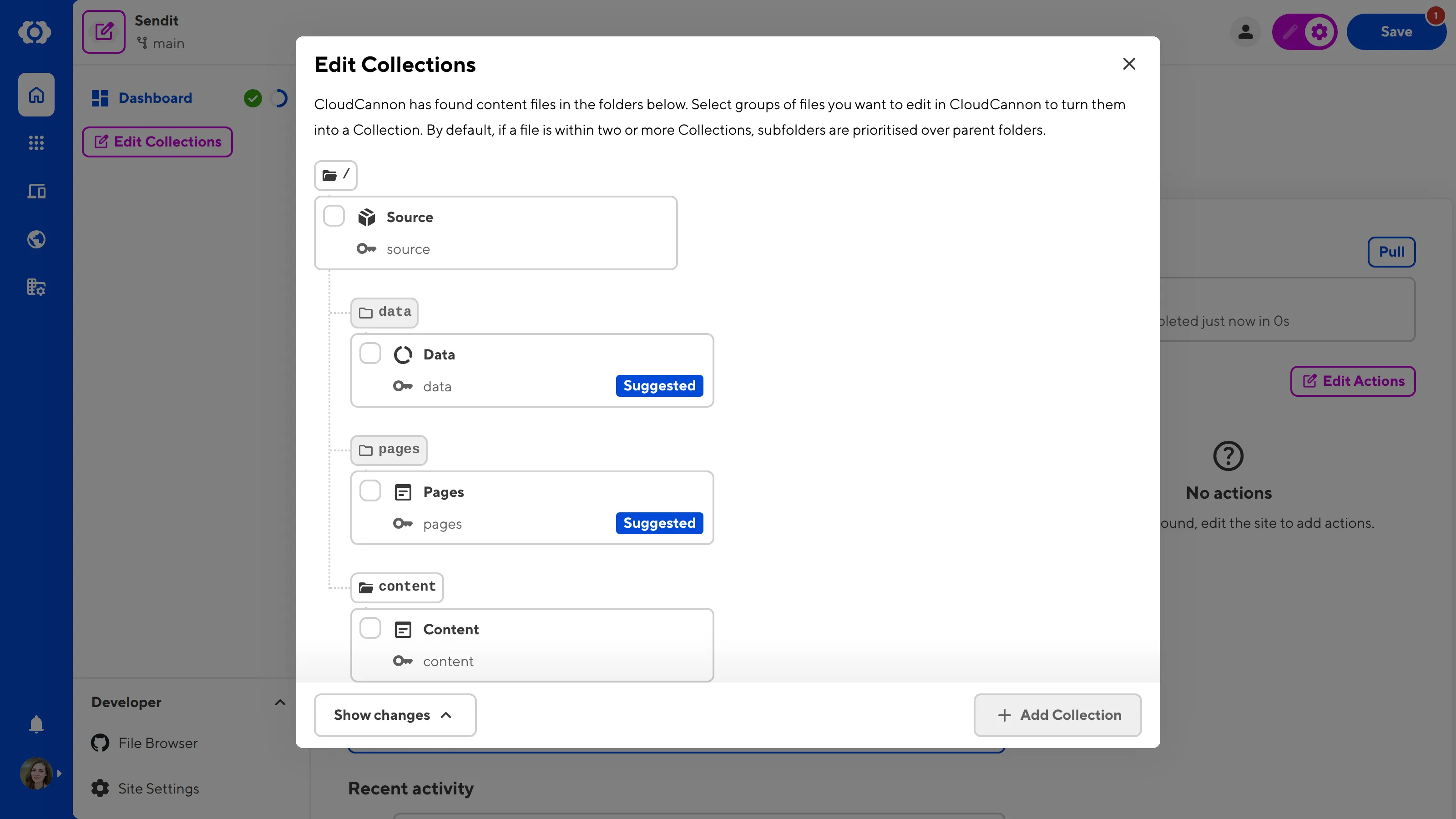 A screenshot of the Edit Collections modal shows a tree structure of potential Collections detected from your files.