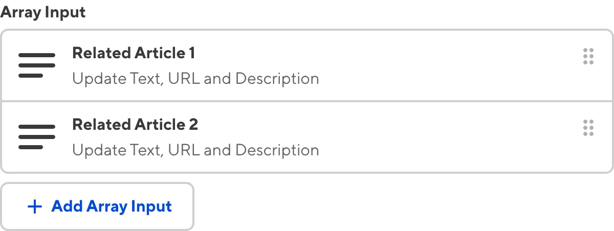 A screenshot of the Array Input in the Data Editor shows a two preview cards in a list.