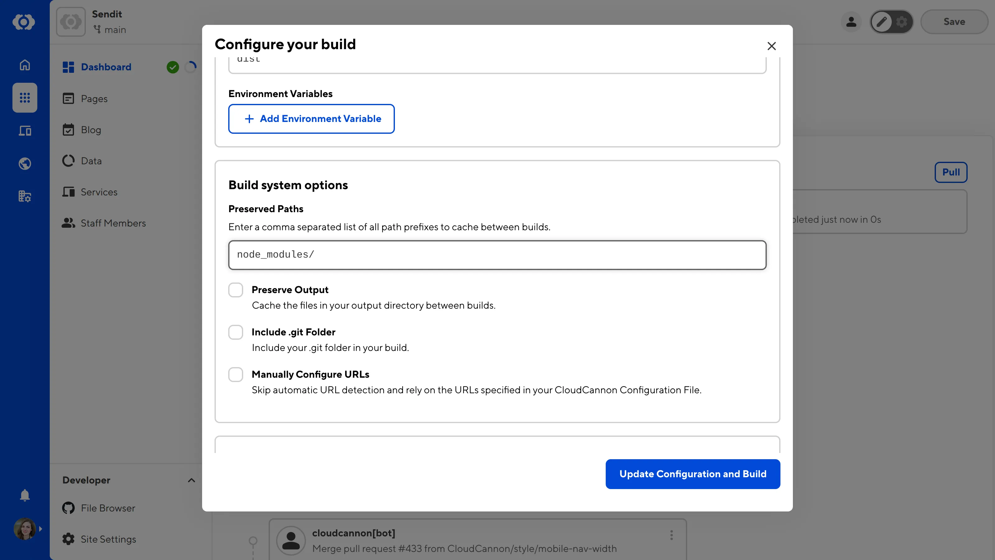 A screenshot of the Configure your build modal shows the build system options, including Preserved Paths.