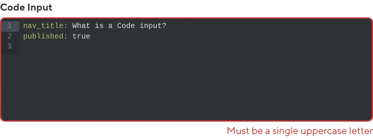 A screenshot of the Code Input in the Data Editor shows an error message as the value does not match the configured pattern.