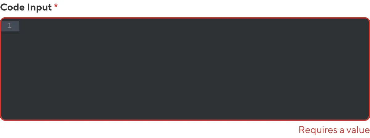 A screenshot of the Code input in the Data Editor shows that no value is causing an input validation error.