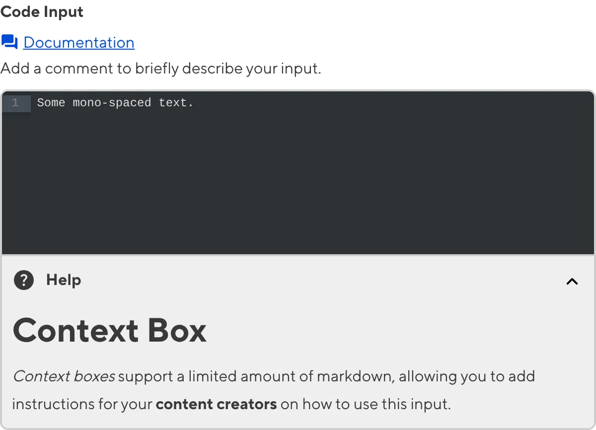 A screenshot of the Code Input in the Data Editor with a Context Box underneath the code area.