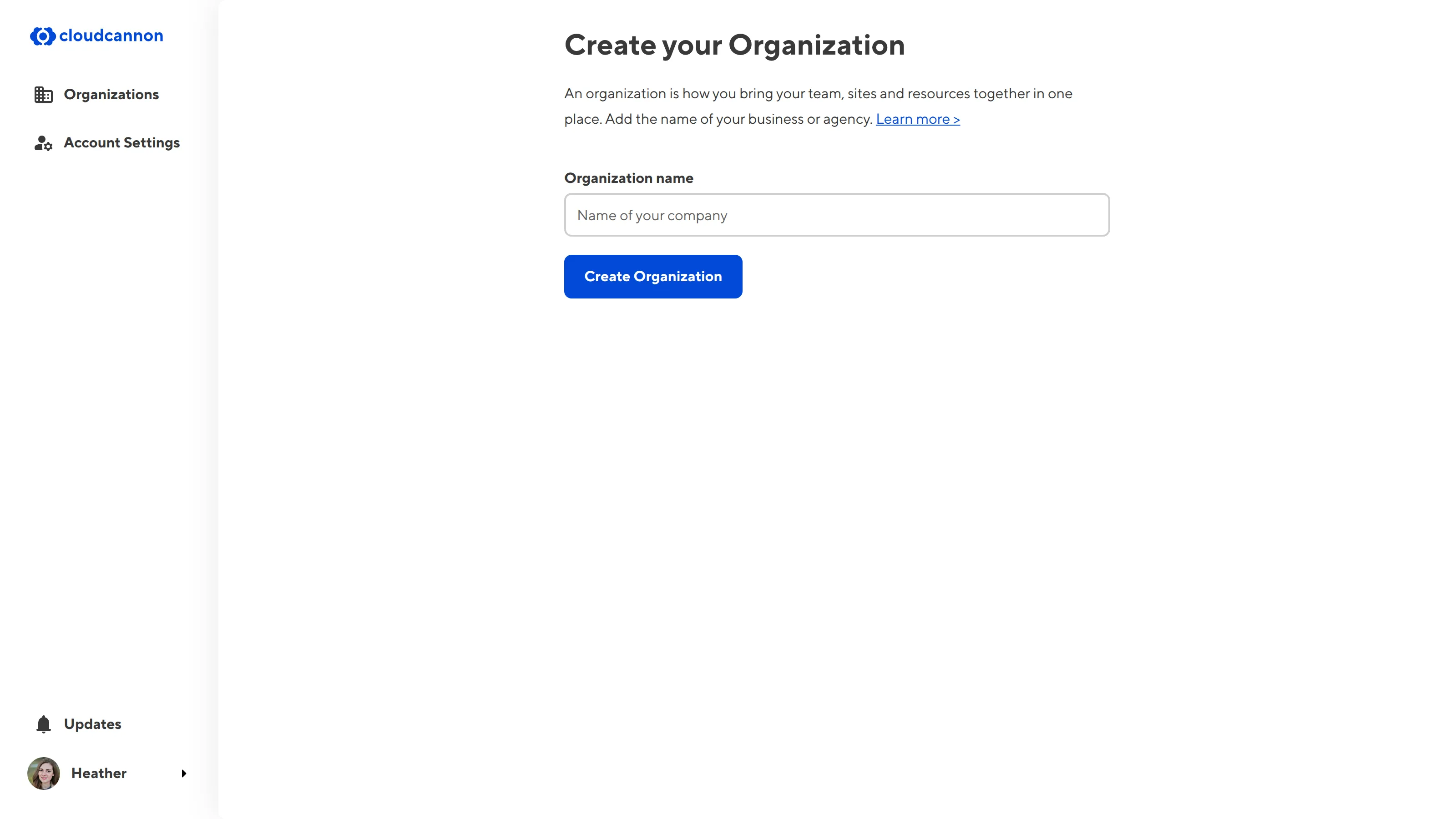 A screenshot of the Create your Organization page shows the Organization name text field.