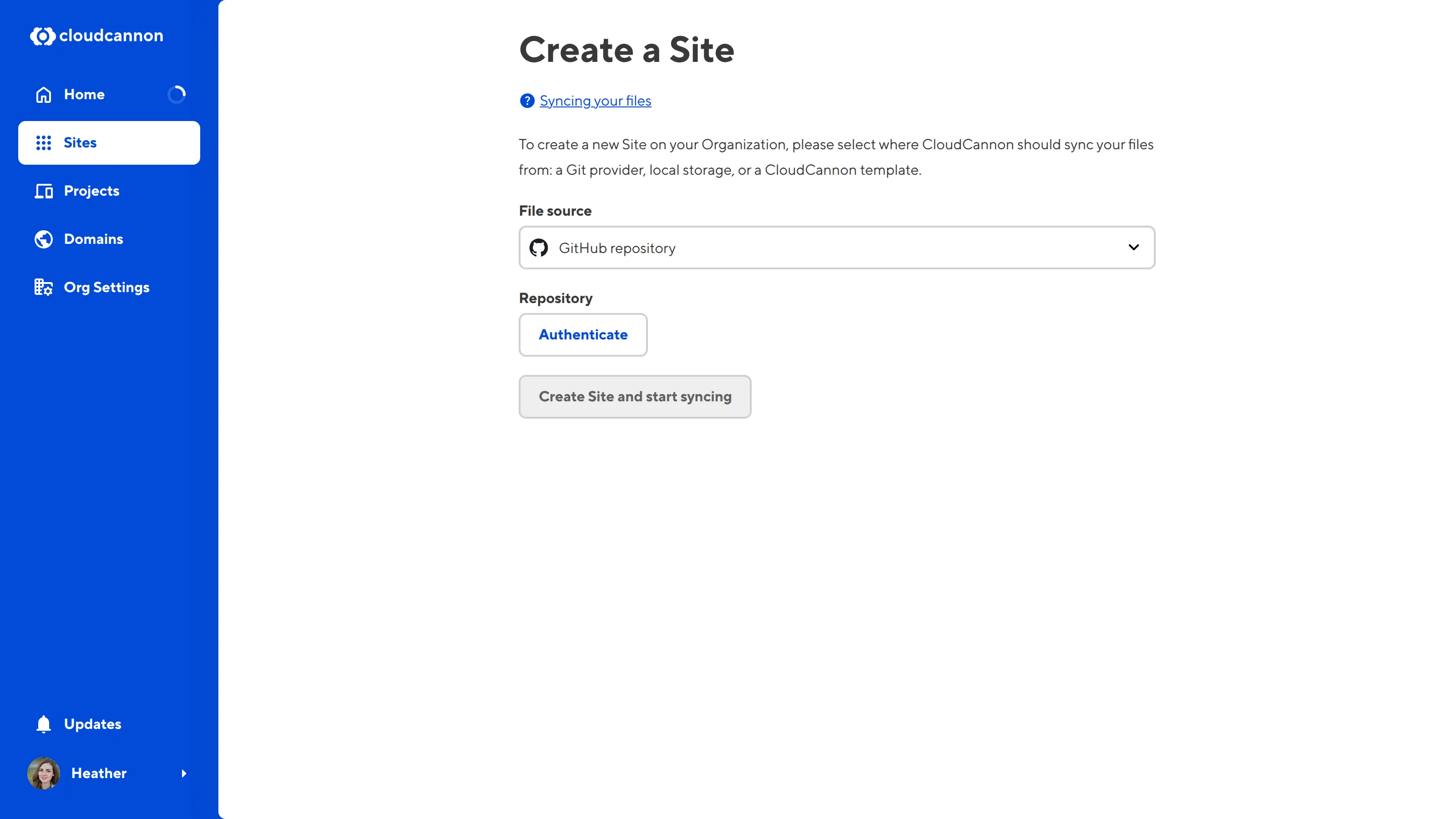 A screenshot of the Create a Site page shows an Authenticate button to approve CloudCannon's access to GitHub.