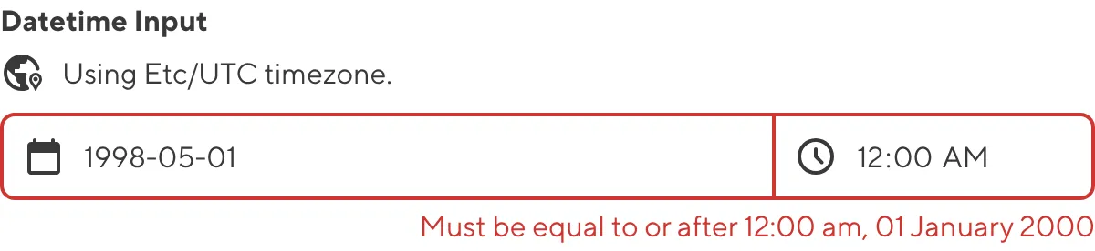 A screenshot of the Date input in the Data Editor shows that the current value does not meet validation criteria.