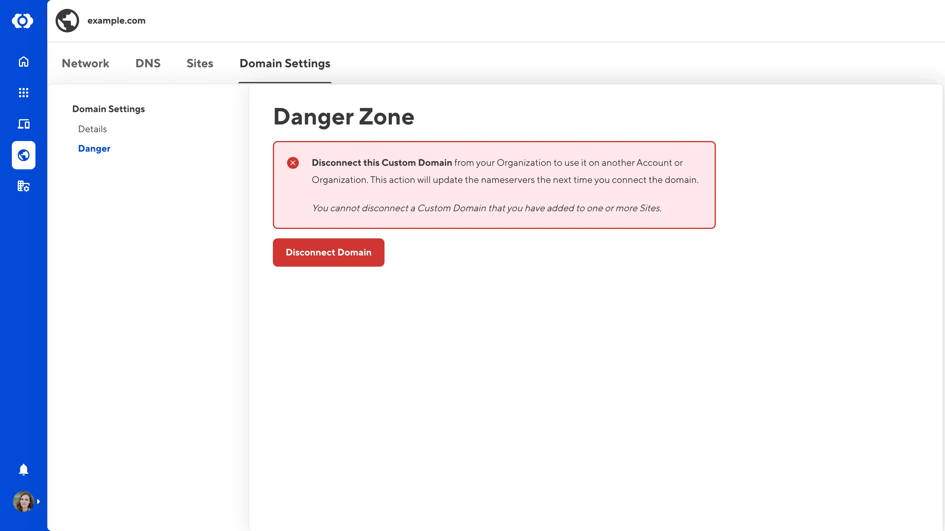 A screenshot of the Domain Settings tab on the Domain page shows the Disconnect Domain button and a warning notification.