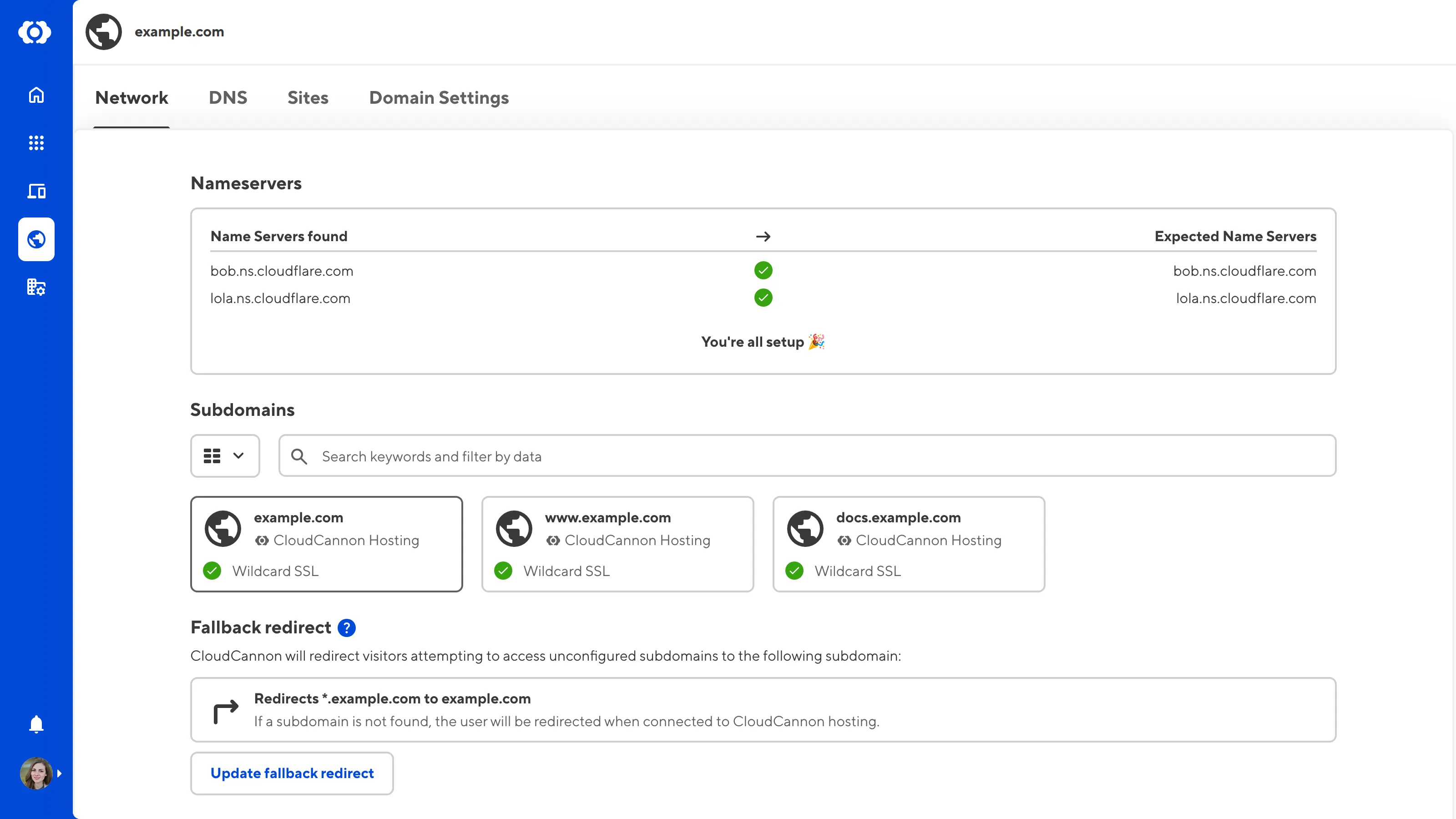 A screenshot of the Network tab on the Domain page shows the fallback redirect section and Update fallback redirect button.