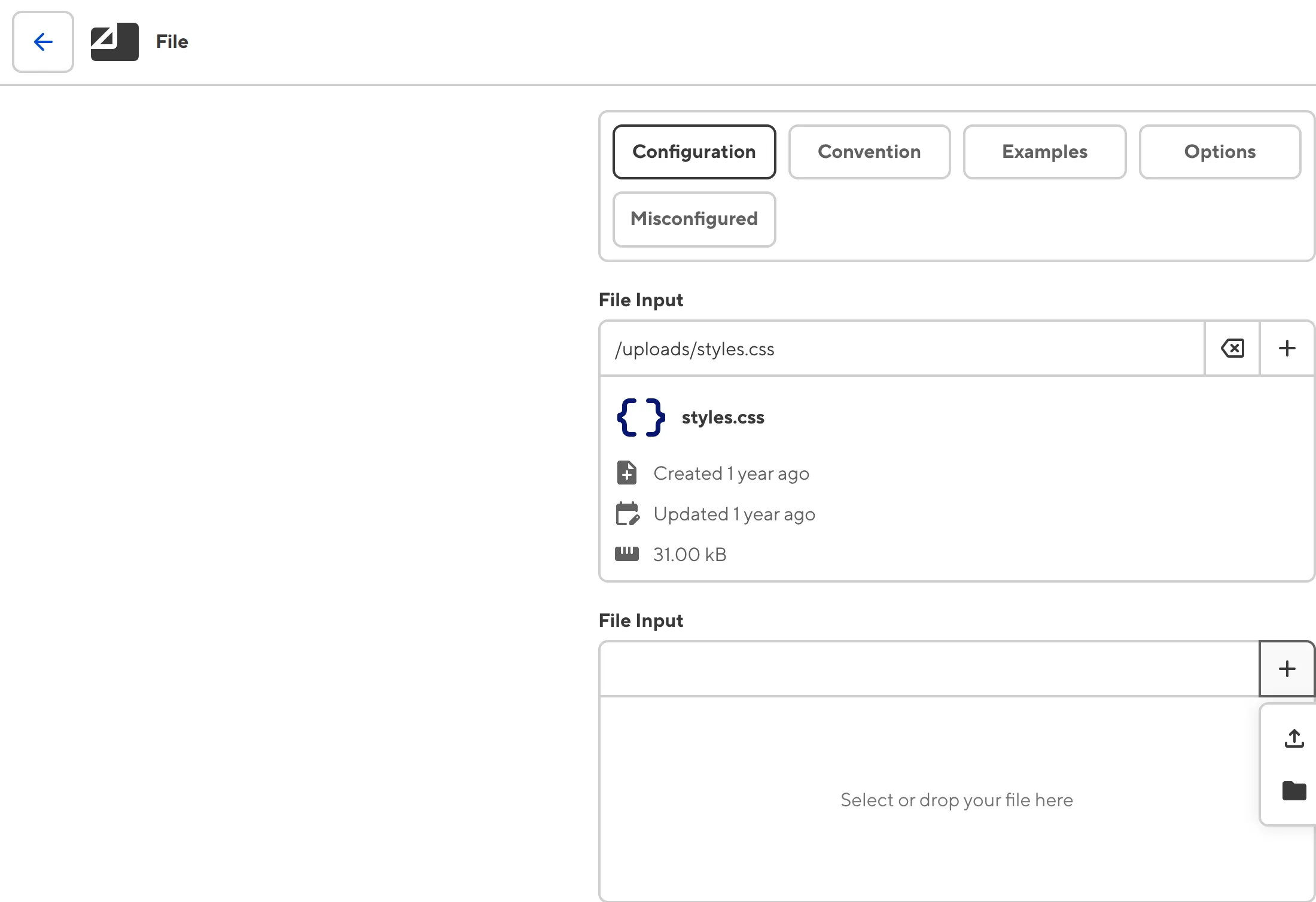A screenshot of the Add file dropdown on a File Input shows the Upload a new file and Select an existing file options.