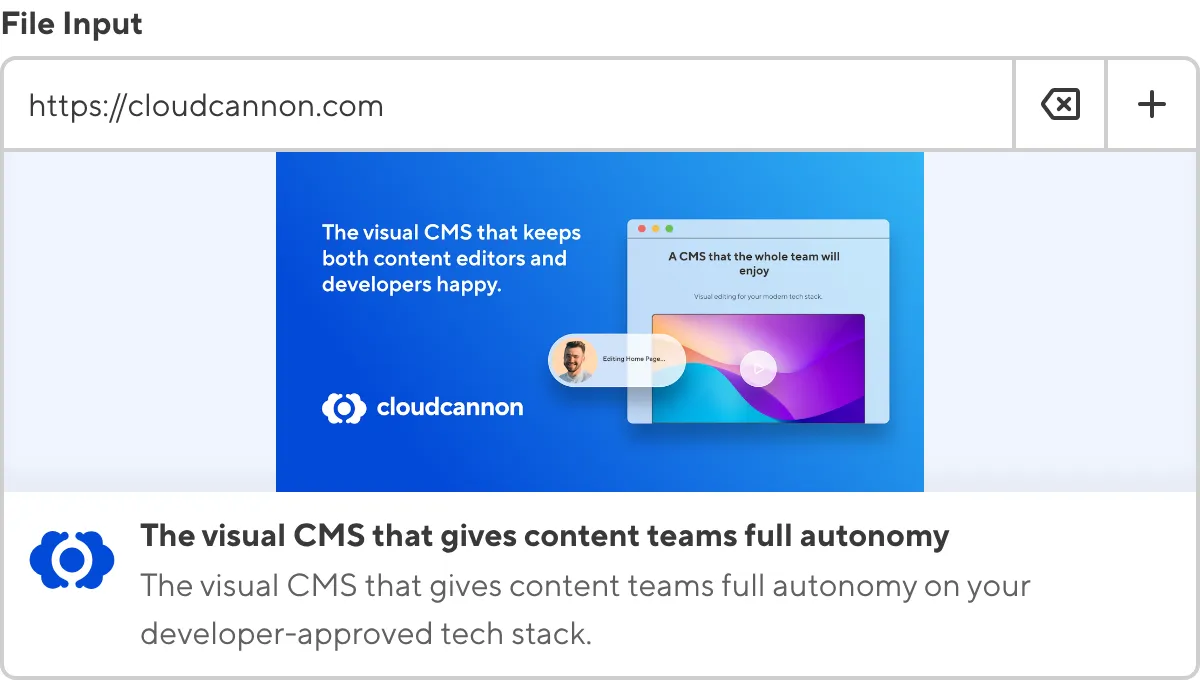 A screenshot of the File Input in the Data Editor shows an external URL value with a preview of the URL image, title, and subtitle.