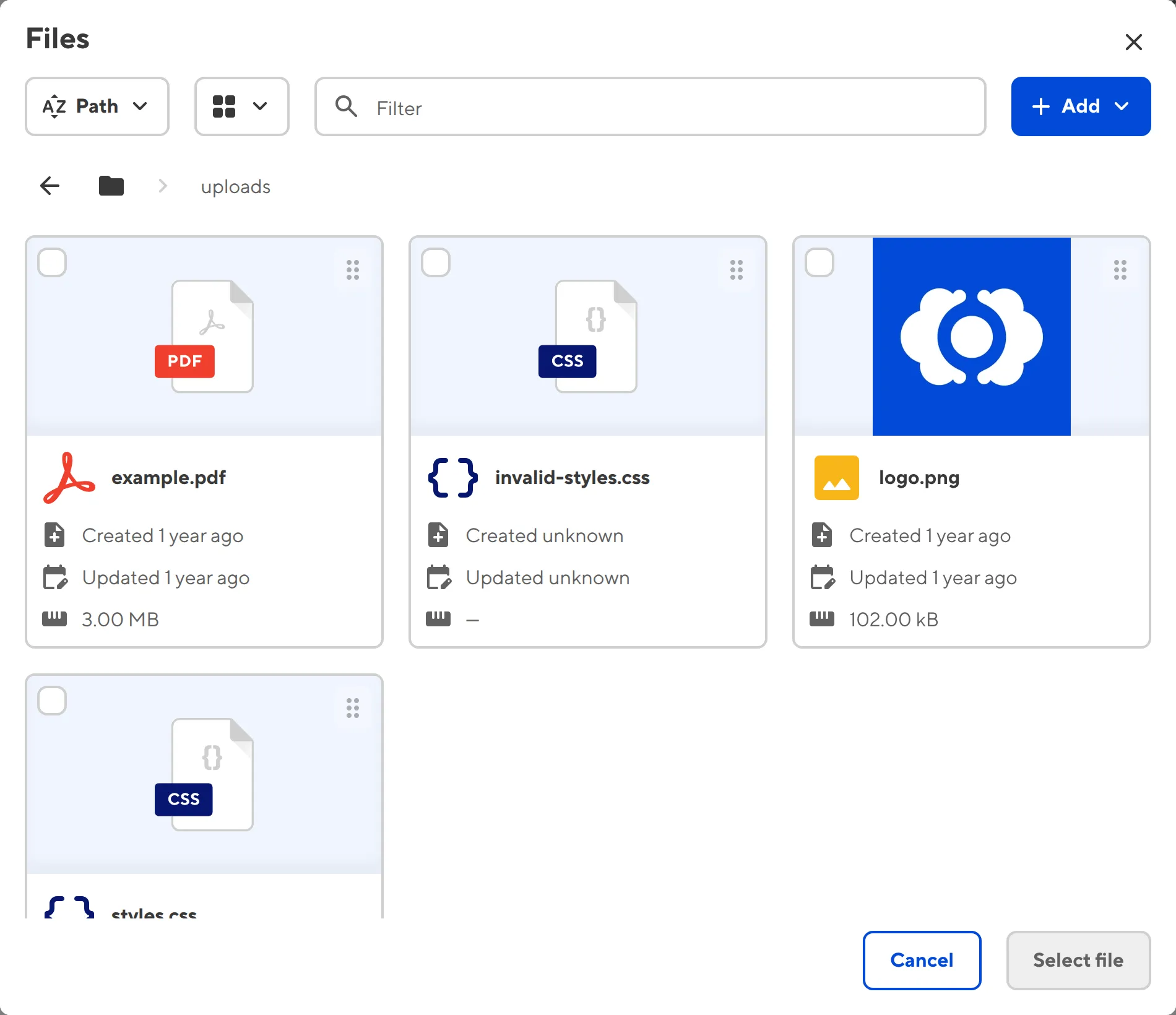 A screenshot of the File Input File Browser shows the default upload location for files, with three files you can select as the Input value.