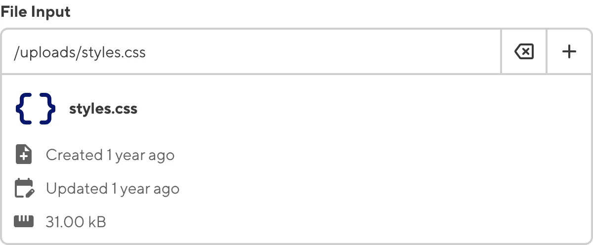 A screenshot of the File Input in the Data Editor shows the preview and metadata for the selected CSS file.