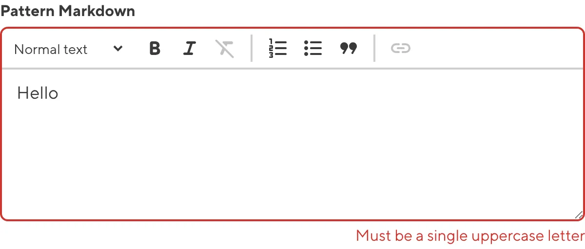 A screenshot of the Markdown Input in the Data Editor shows an error message as the value does not match the configured pattern.