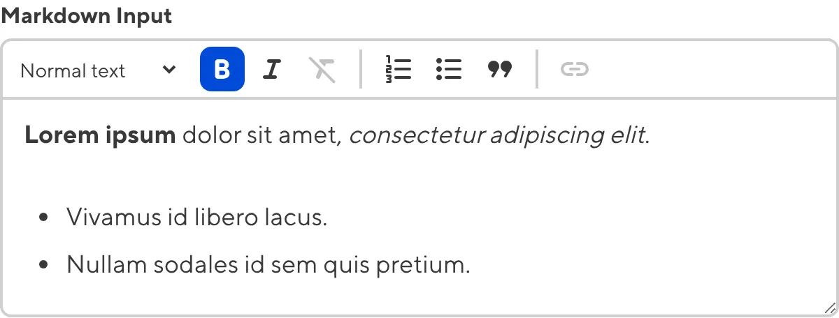 A screenshot of the Markdown input in the Data Editor shows a text field and a WYSIWYG toolbar.
