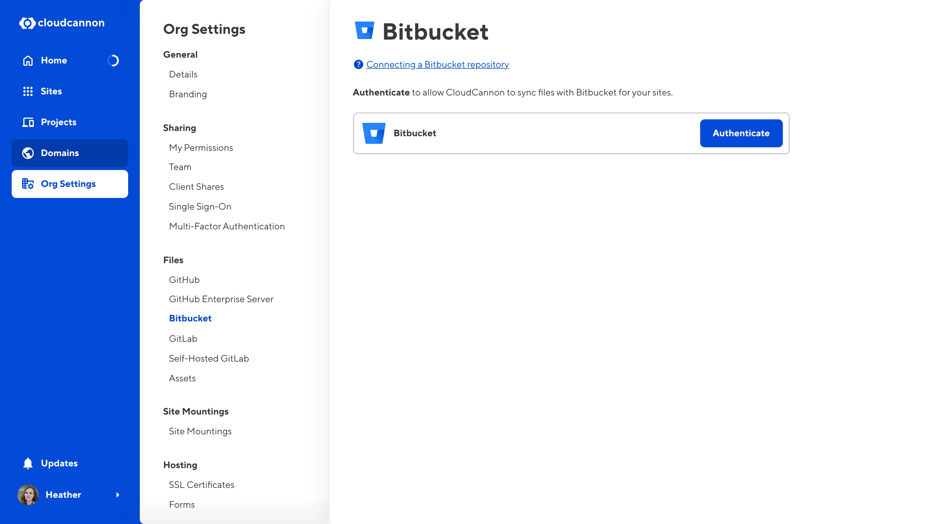 A screenshot of the Bitbucket page under Org Settings shows the authenticate button.