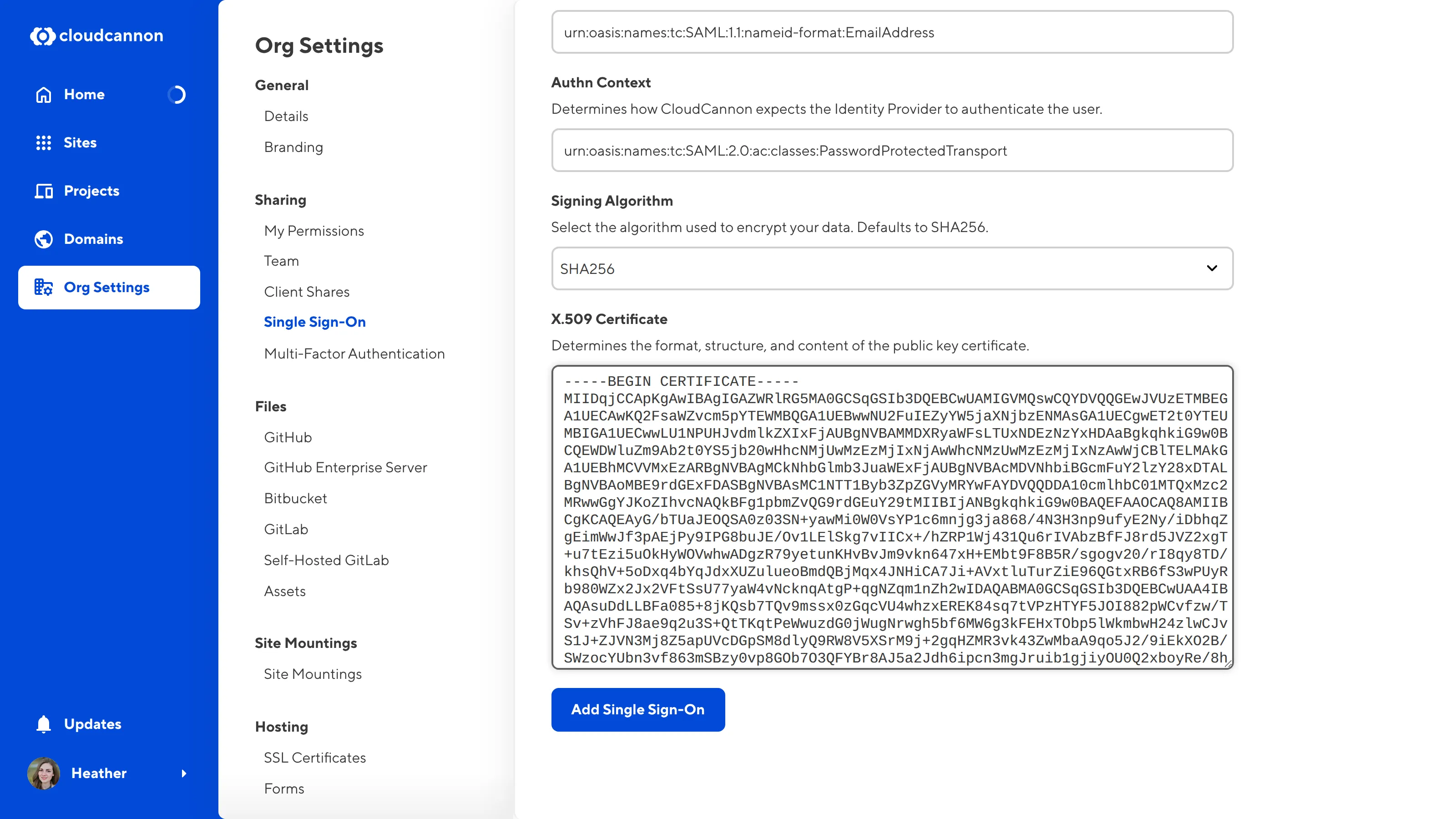 A screenshot of the CloudCannon Single Sign-On page under Org Settings.