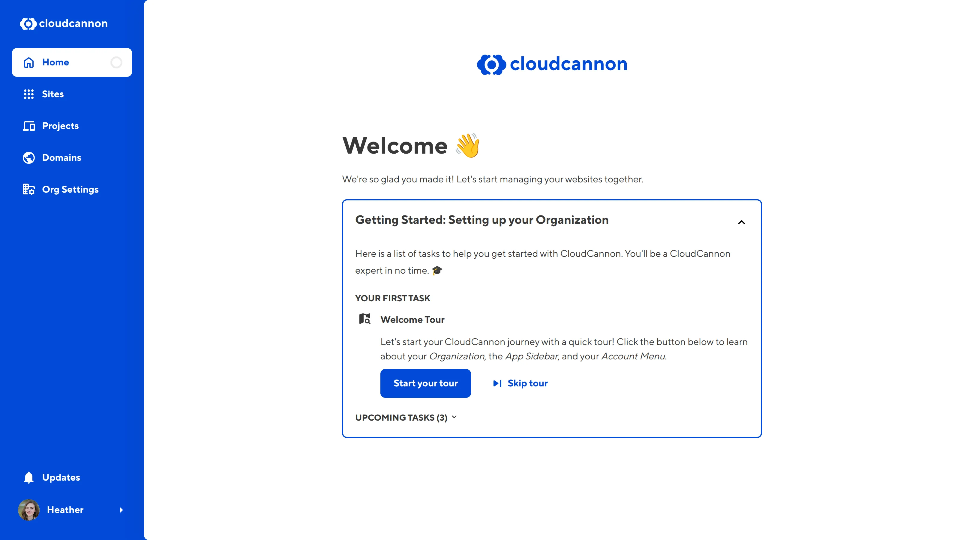 A screenshot of the Organization Home page shows Setting up your Organization in-app guide with a task to complete a Welcome Tour.