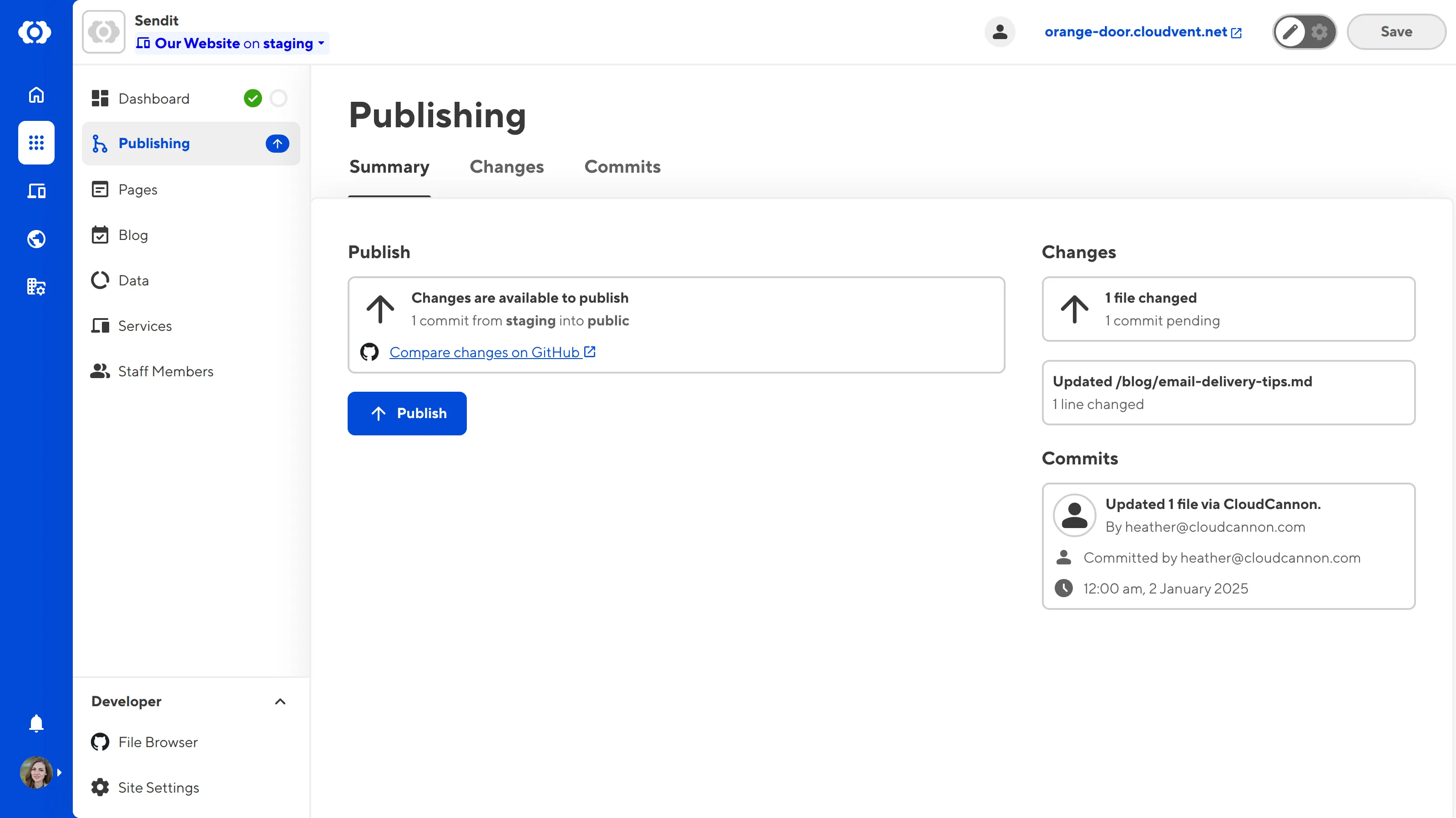 A screenshot of the Publishing Page shows the Publish button for immediately publishing changes to the Publish Branch.