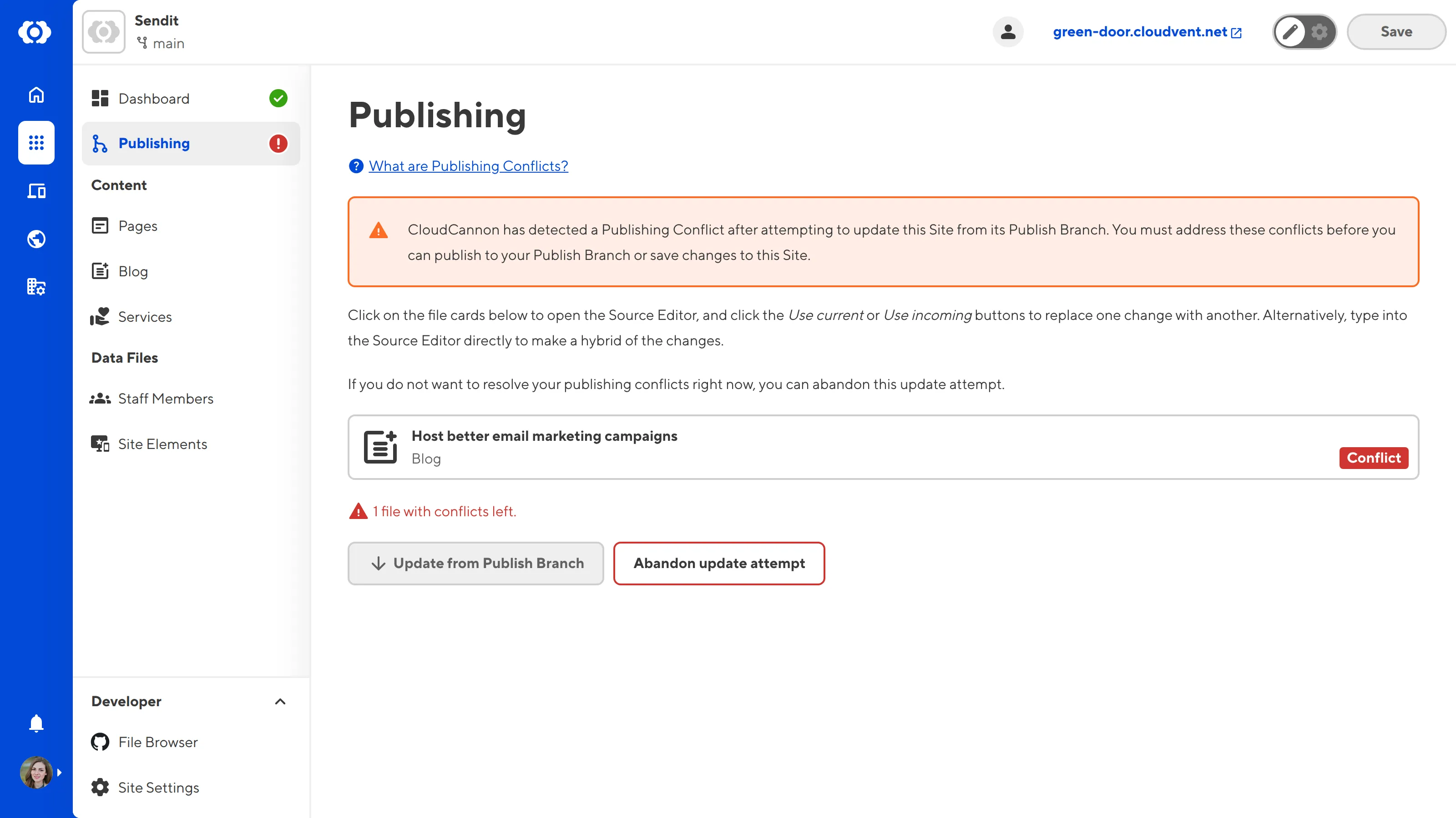 A screenshot of the Publishing page shows a conflicted file after attempting to update the Site from the Publish Branch.