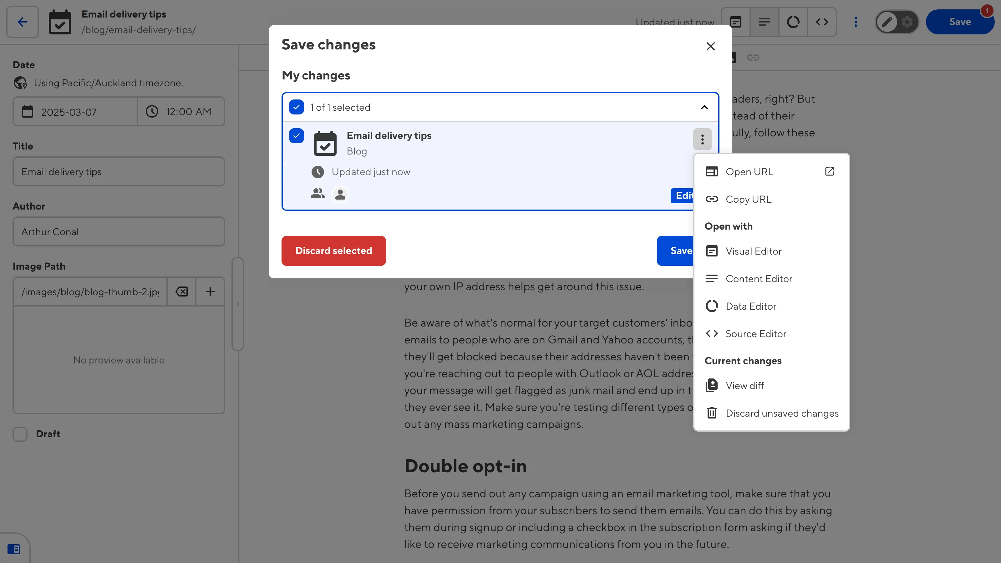 A screenshot of the Save Changes modal shows unsaved changes from multiple people and an open Context Menu with file actions.