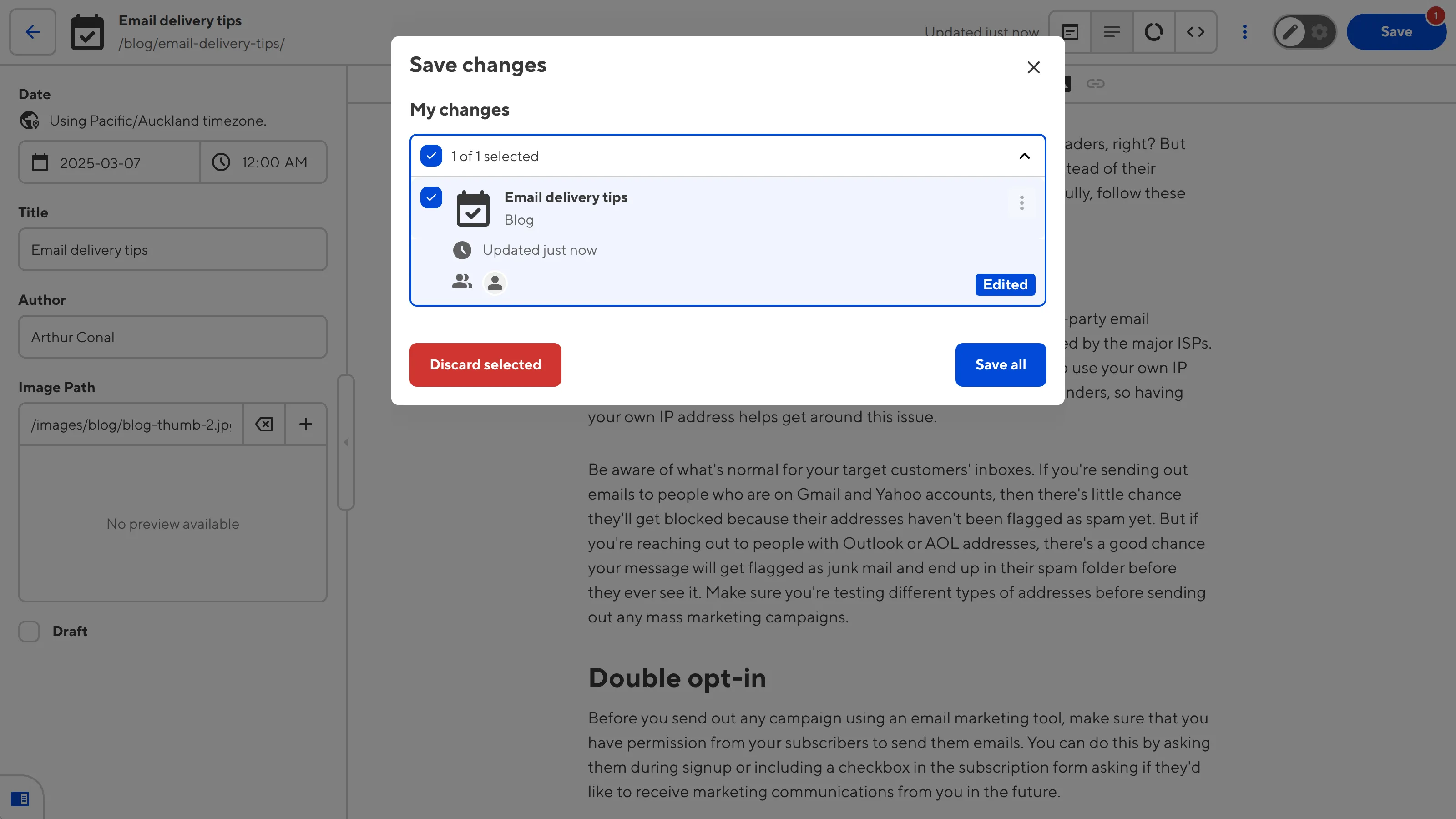 A screenshot of the Save changes modal shows a list of files with unsaved changes, including details about when it was updated and by whom.