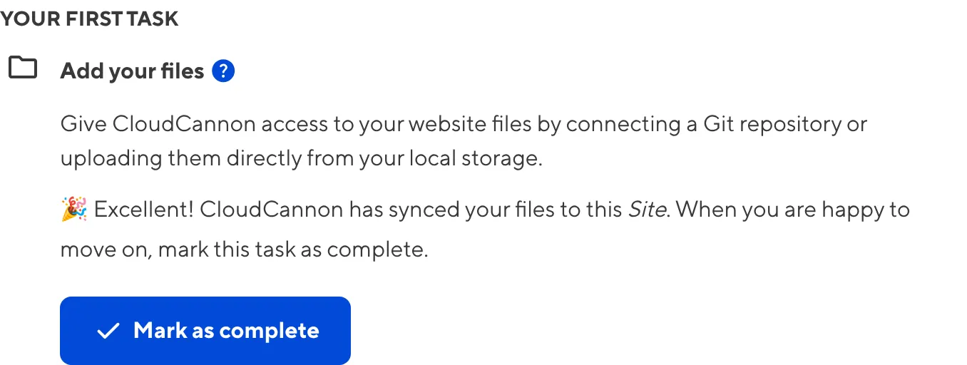 A screenshot of the Add your Files task from the Getting Started with Editing in-app guide shows the Mark as complete button.