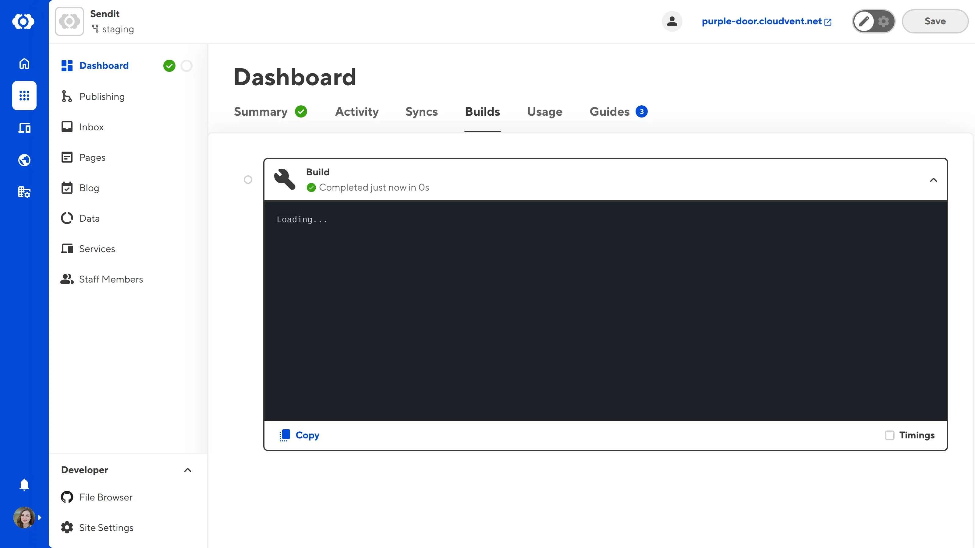 A screenshot of the Site Dashboard Builds tab shows that the first build of a Site is running.
