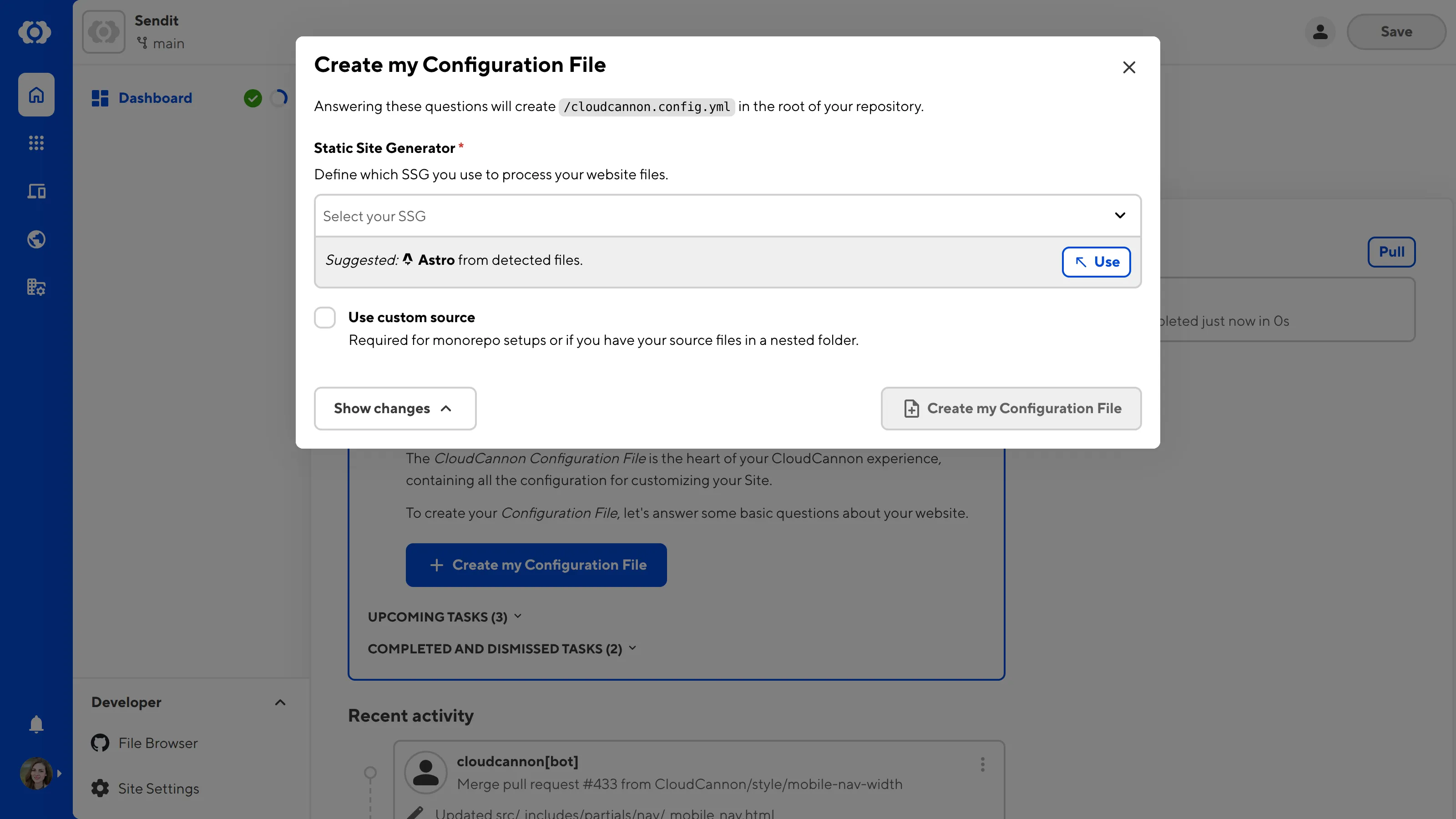 A screenshot of the Create my Configuration File modal shows text fields for selecting your SSG and source folder.