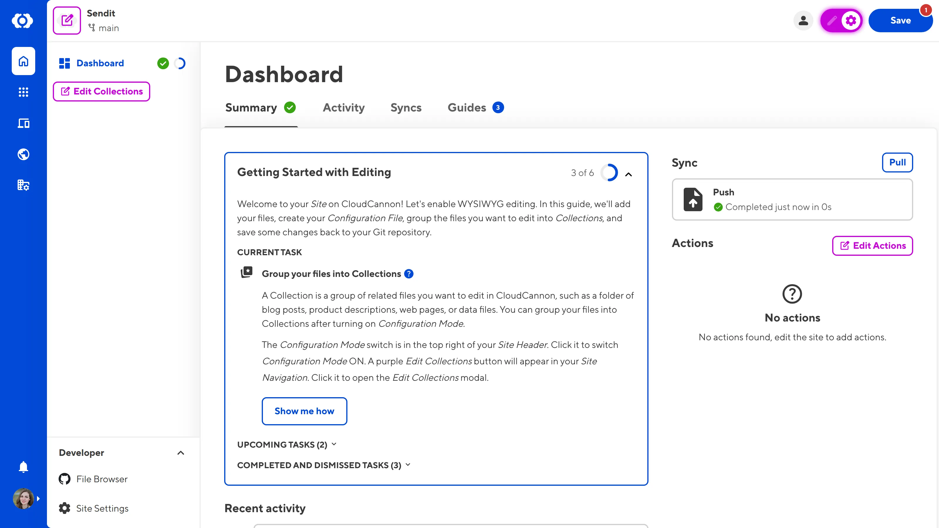 A screenshot of the Site Dashboard shows the Getting Started in-app guide and a purple Edit Collections button in the Site Navigation.