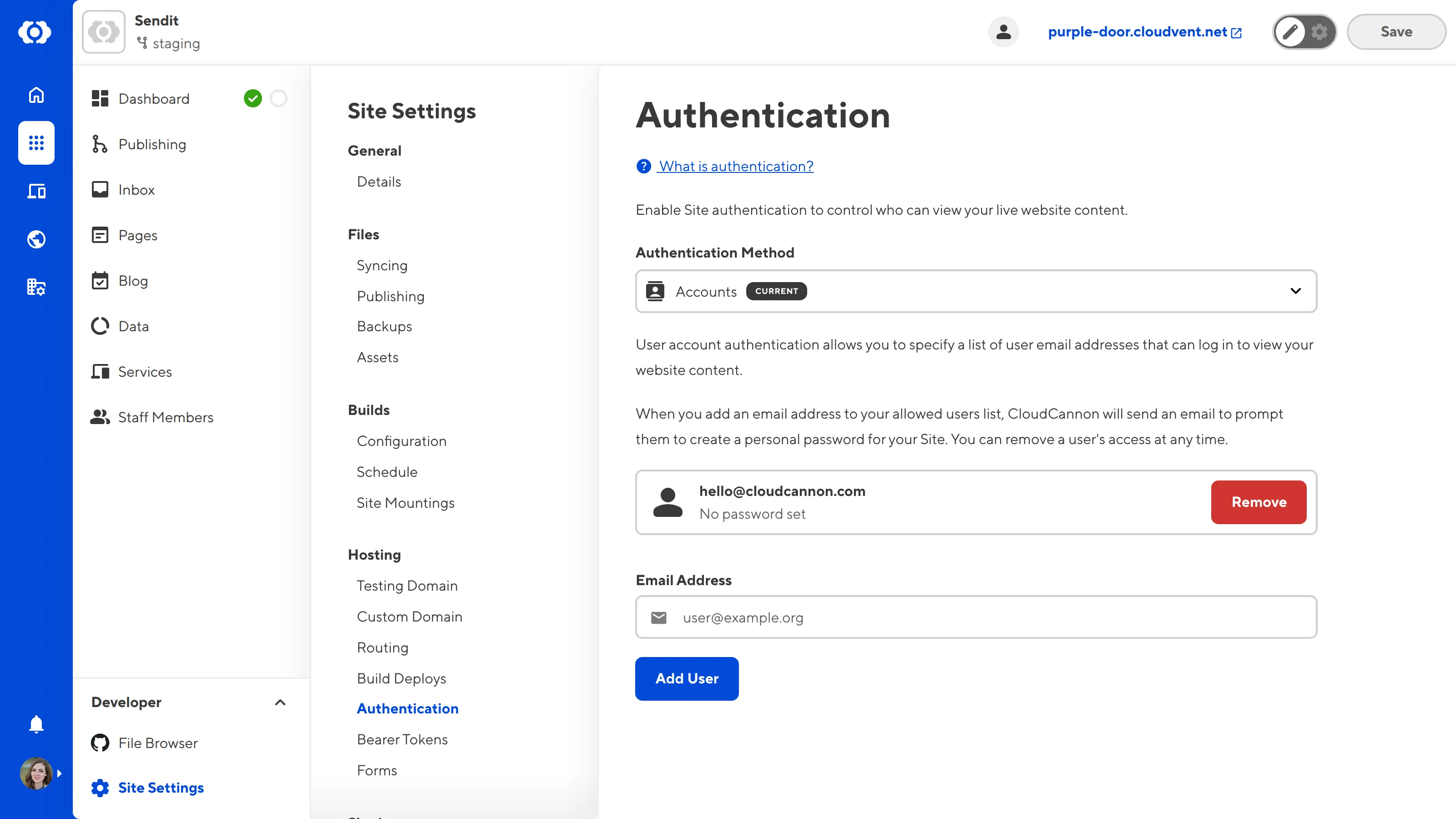 A screenshot of the Authentication page shows a card for each user you have invited to your Site.