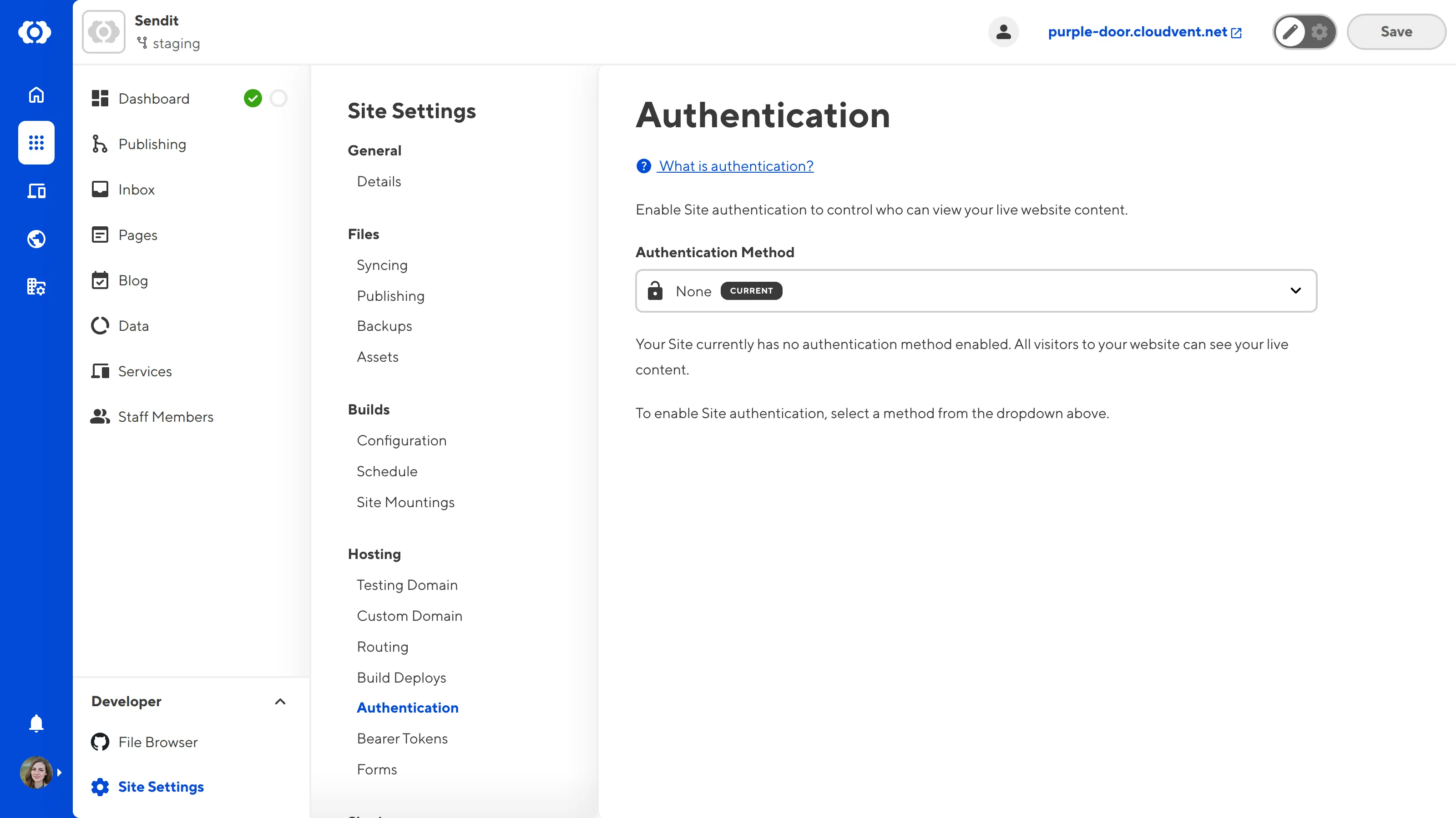A screenshot of the Authentication page under Site Settings shows that no authentication method has been selected for this site.