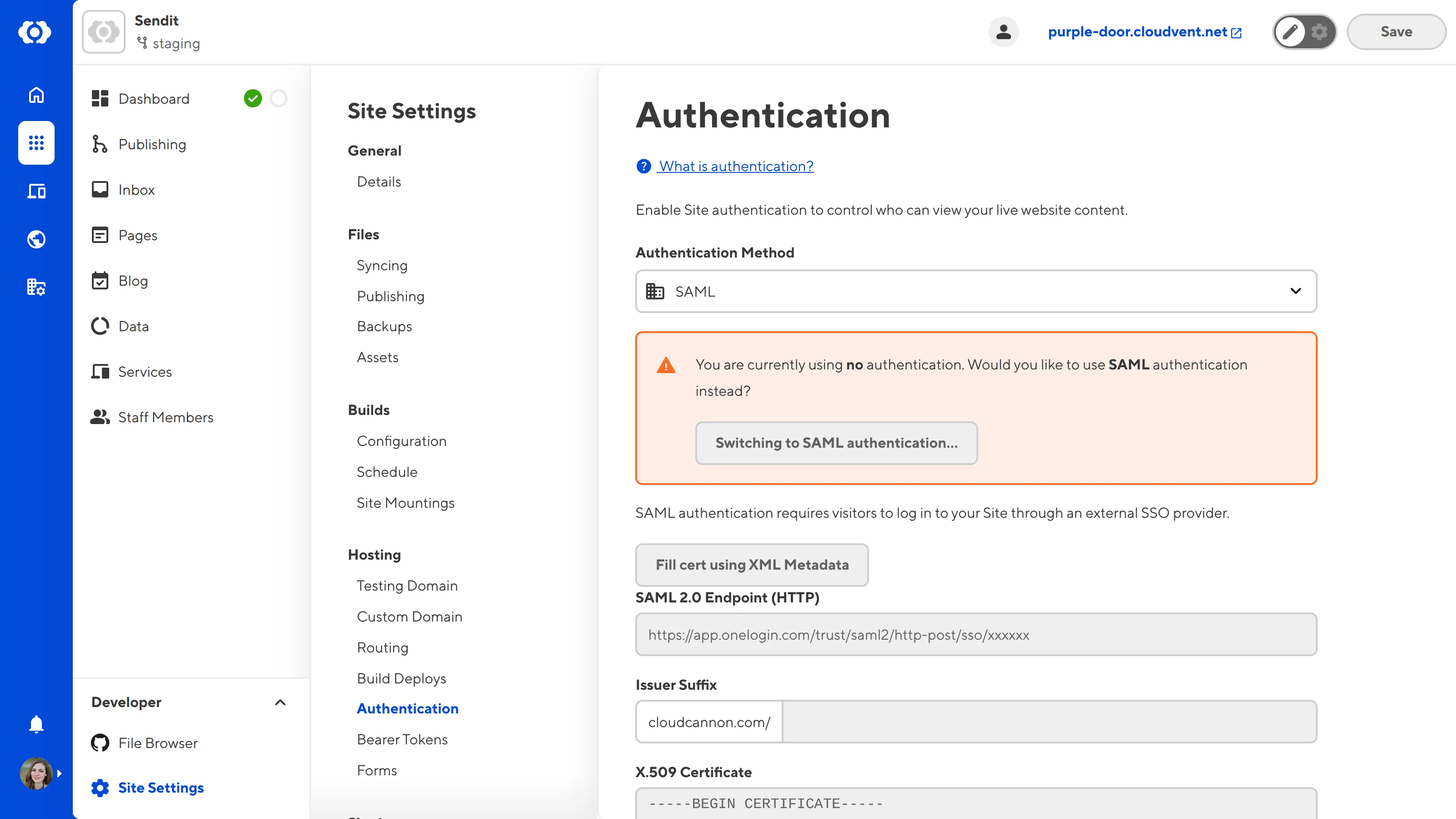 A screenshot of the Authentication page shows fields for SAML 2.0 Endpoint (HTTP), Issuer Suffix , and X.509 Certificate.