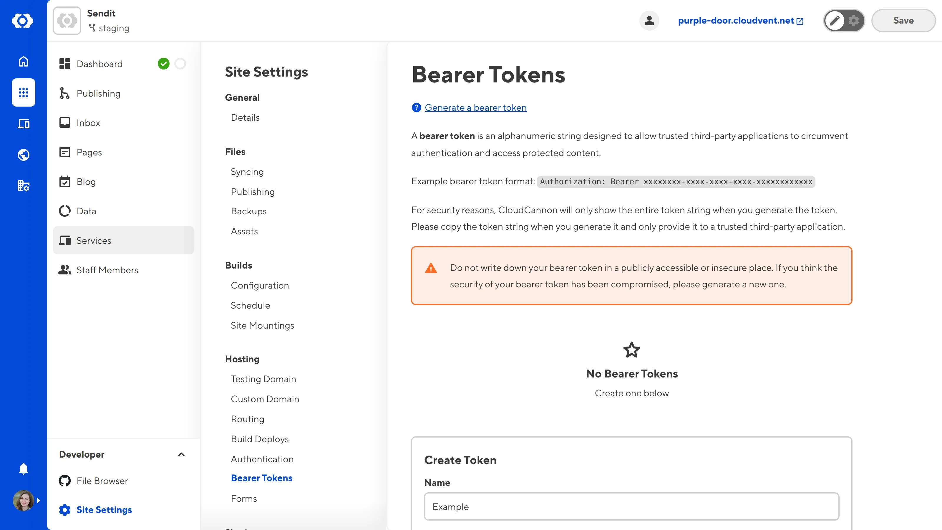 A screenshot of the Bearer Token page under Site Settings shows the Name text field and the Generate Bearer Token button.