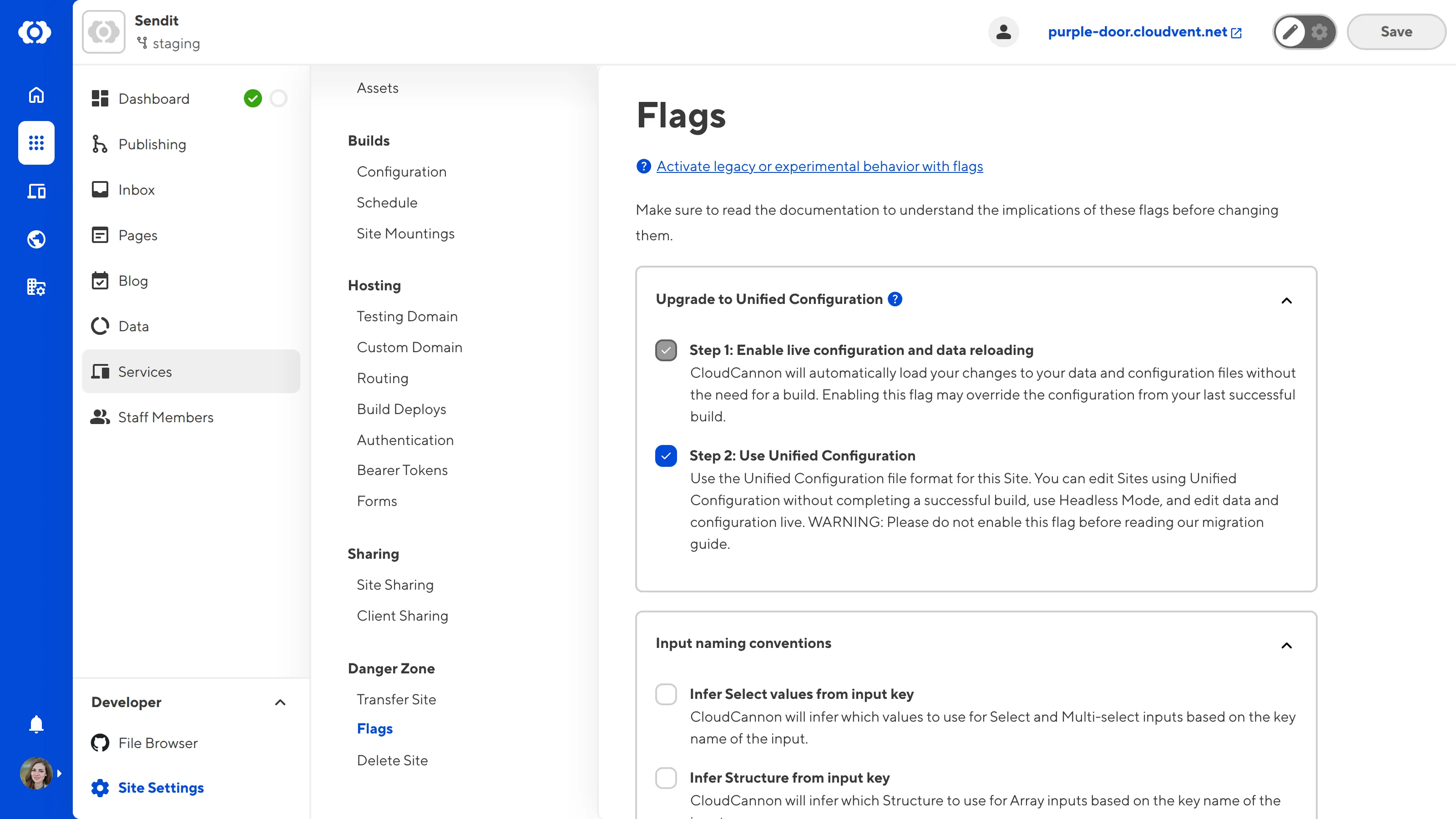 A screenshot of the Flags page in your Site Settings shows three checkboxes for enabling opt-in behavior in CloudCannon.