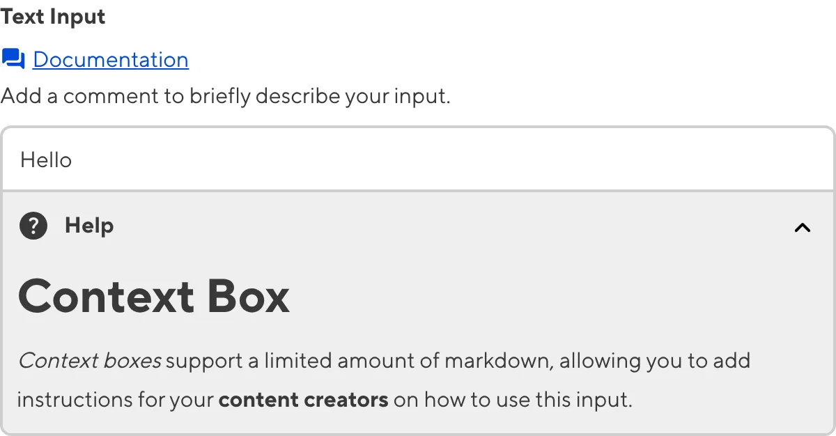 A screenshot of the Text Input in the Data Editor with a Context Box underneath the text area.