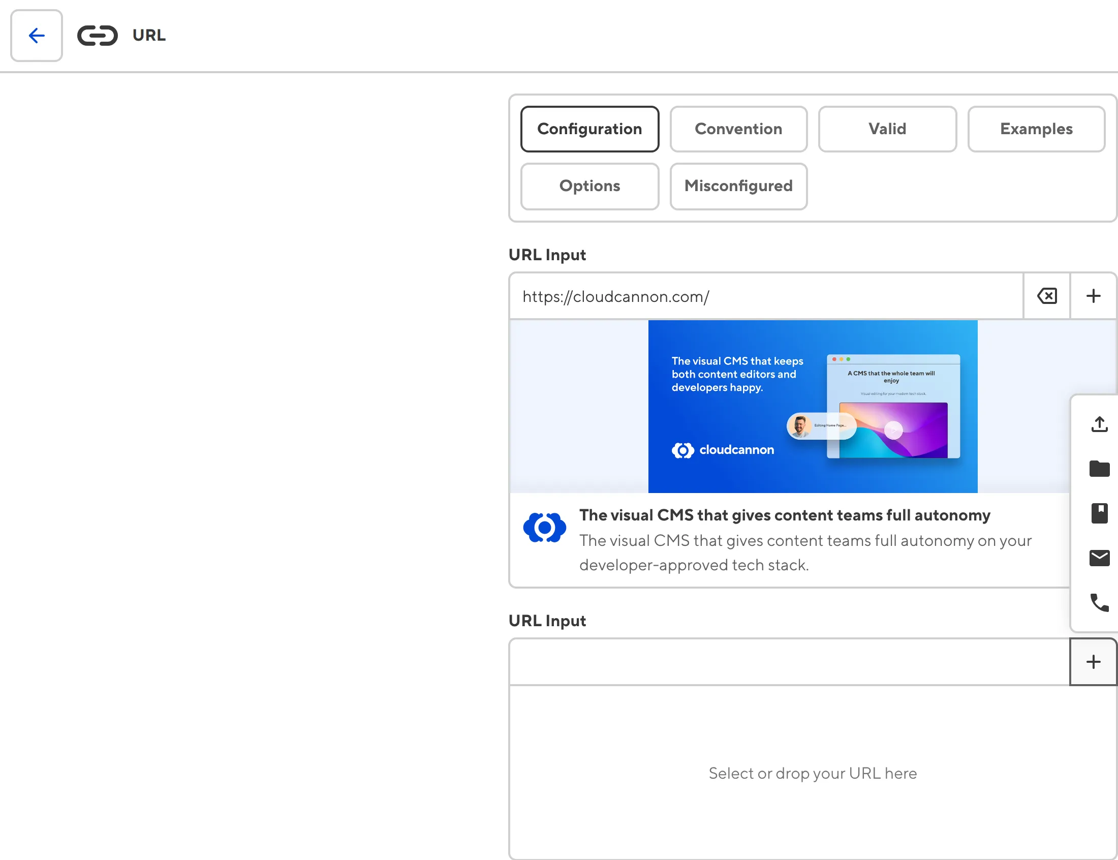 A screenshot of the Add URL dropdown on a URL Input shows the several options.