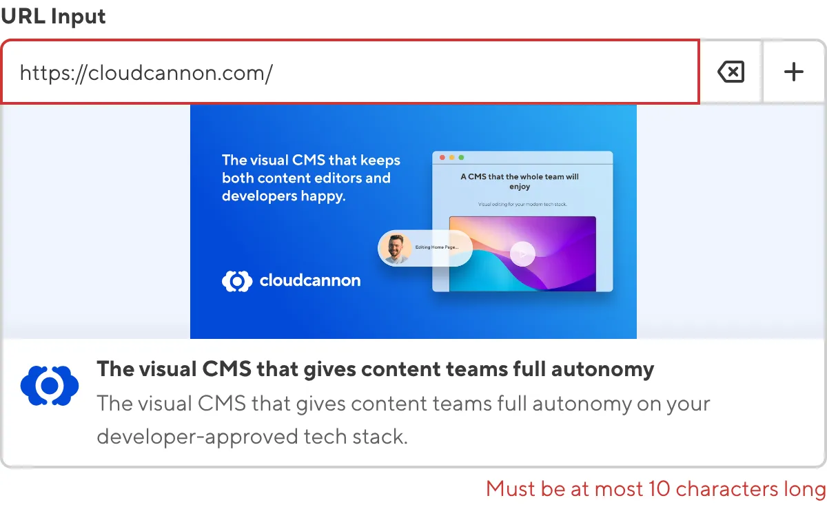 A screenshot of the URL input in the Data Editor shows that the value does not meet maximum length requirements.