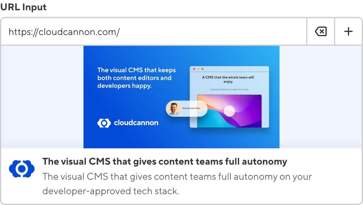 A screenshot of the URL Input in the Data Editor shows an external URL value with a preview of the URL image, title, and subtitle.