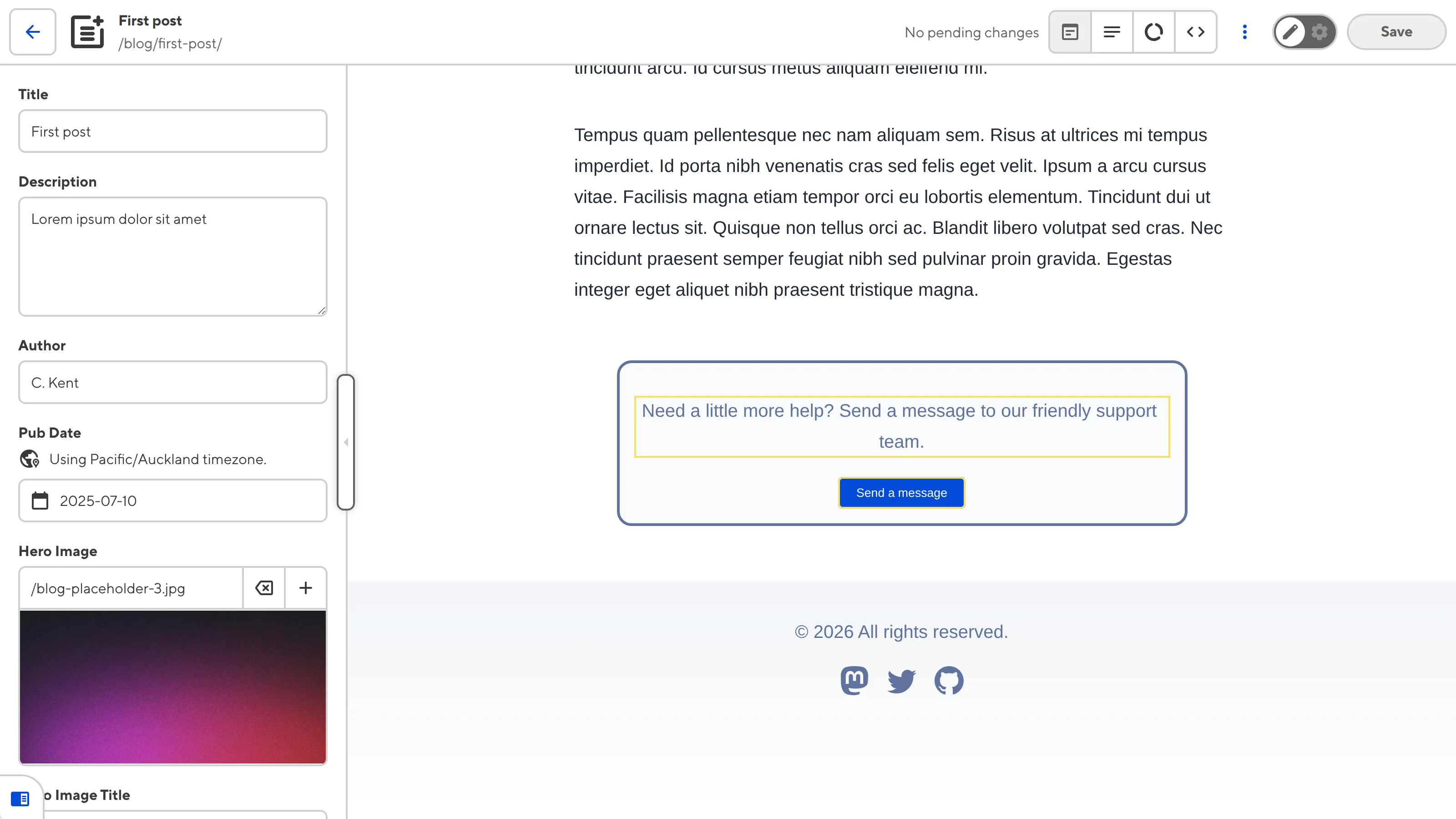 A screenshot of the Visual Editor shows a yellow Editable Region box around the Call to Action component on the blog page.